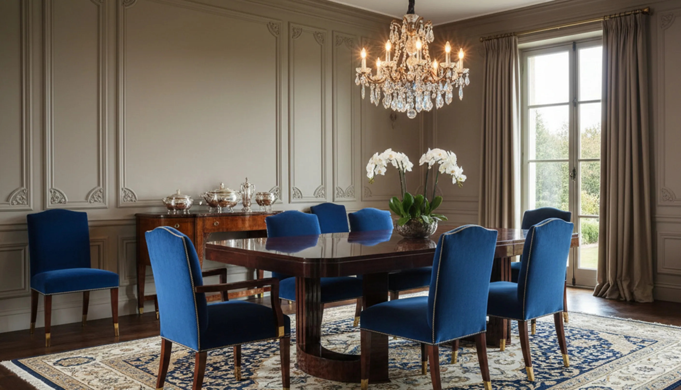 Tavolo da pranzo antico con sedie blu e decorazione floreale.