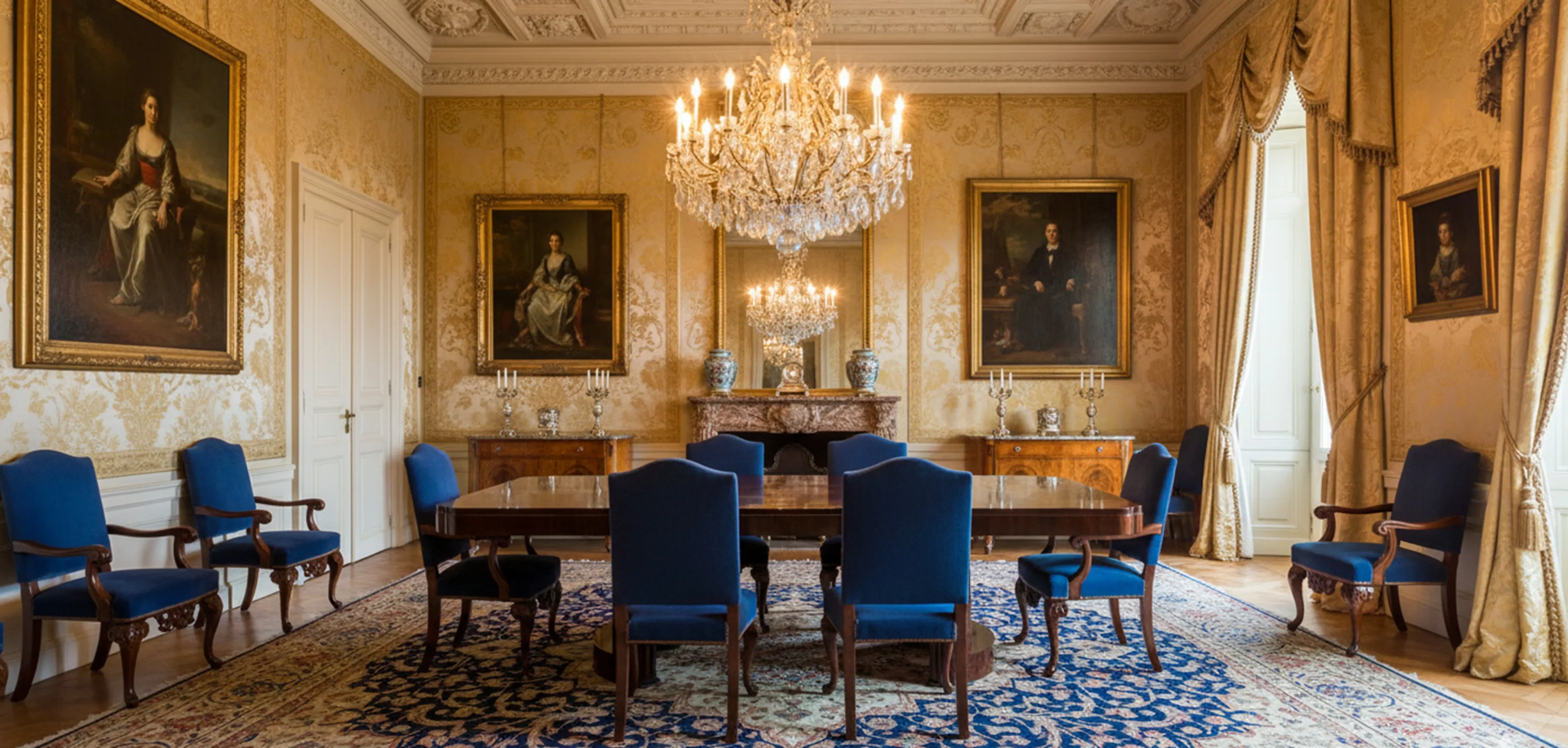 Antiker Esstisch mit blauen Stühlen in einem eleganten Ambiente.