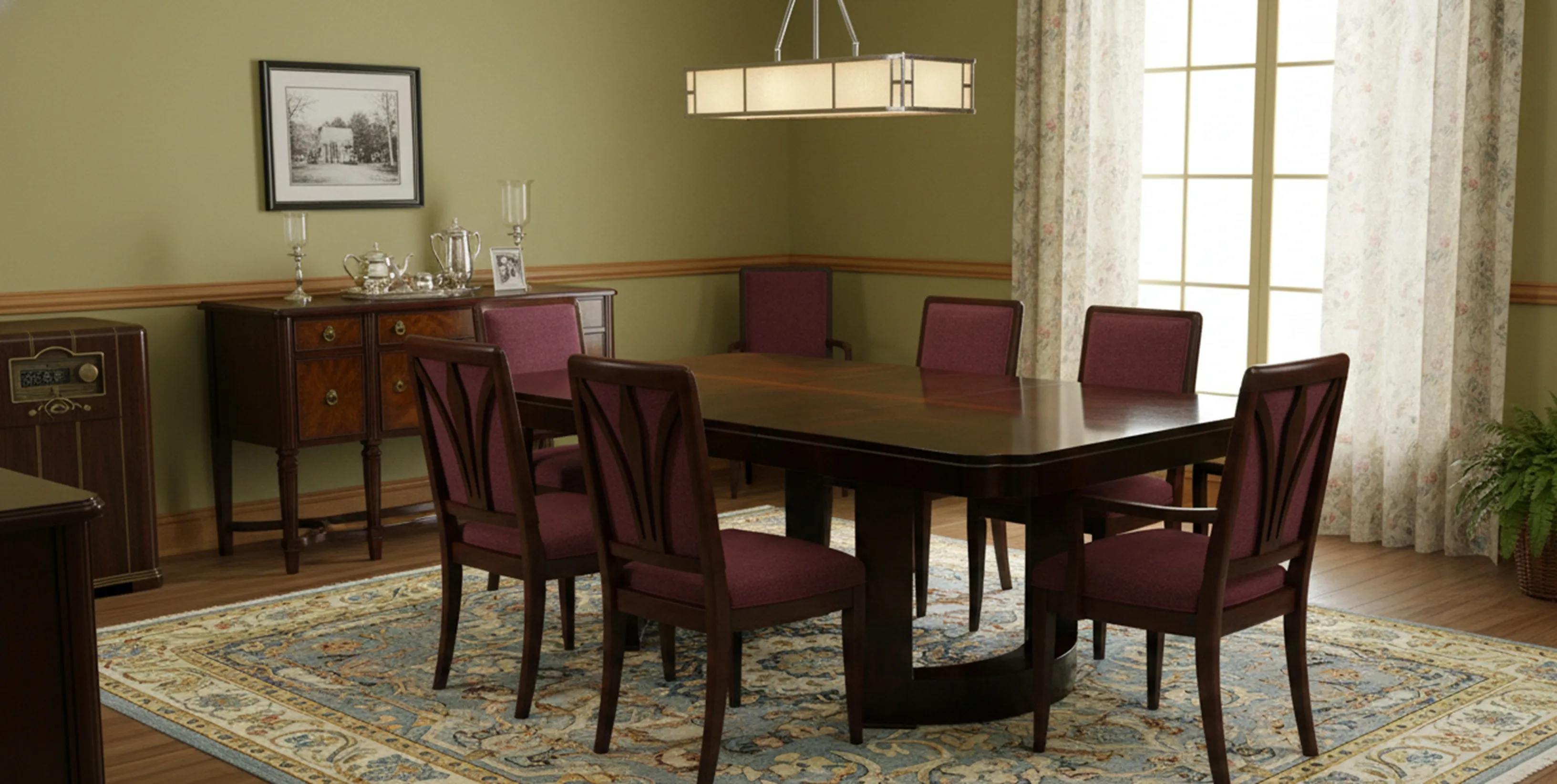 Antique dining table with chairs, cozy and elegant setting.