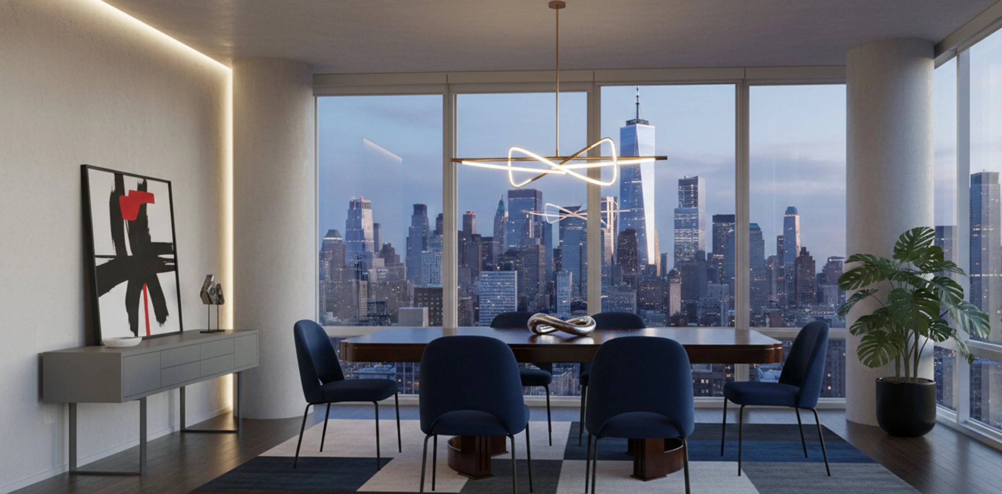 Mesa de comedor antigua para ocho personas con sillas azul marino, vista a la ciudad.