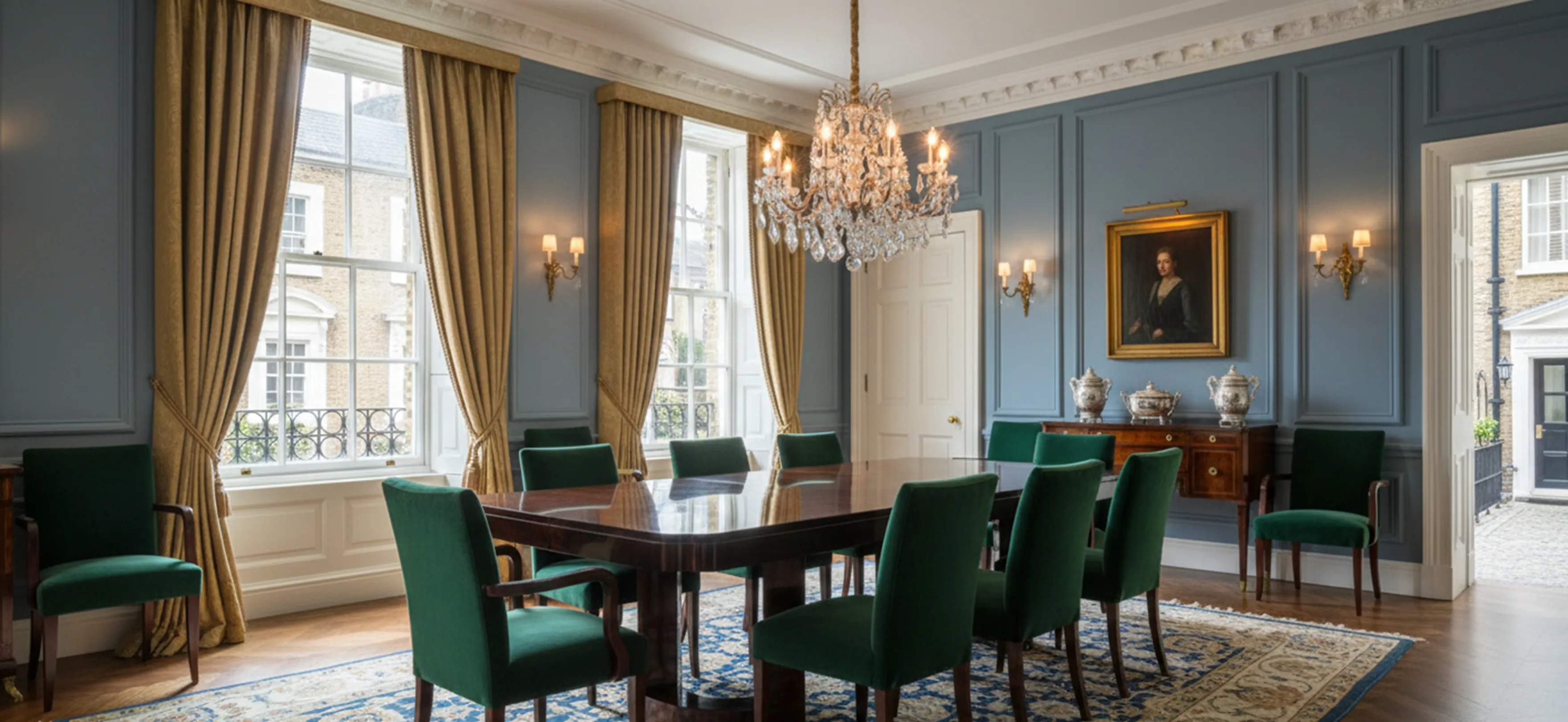 Antique dining table with green chairs in an elegant setting.