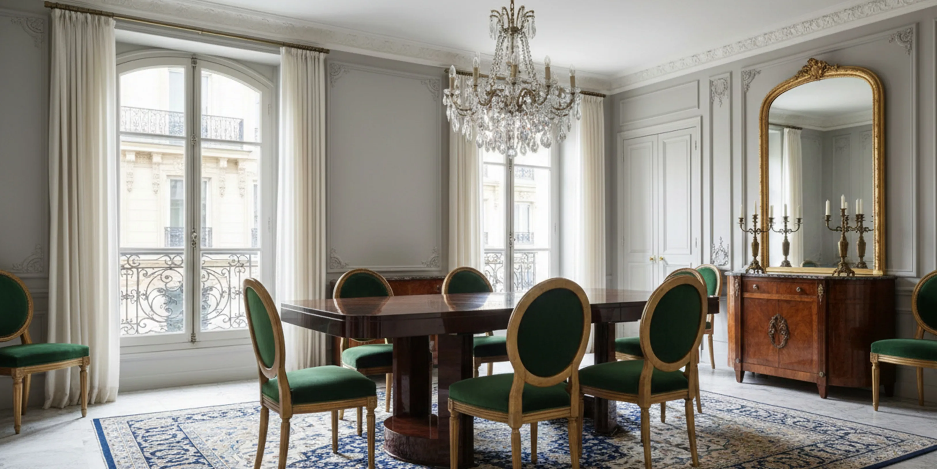 Mesa de comedor antigua para 8 personas en sala elegante