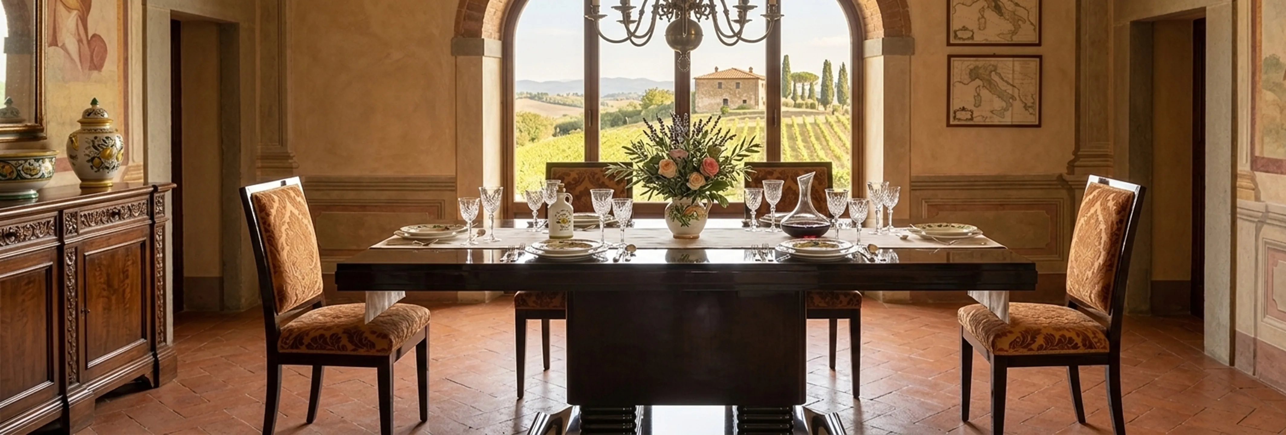 Mesa de jantar antiga para 10 pessoas, decoração elegante e vista panorâmica