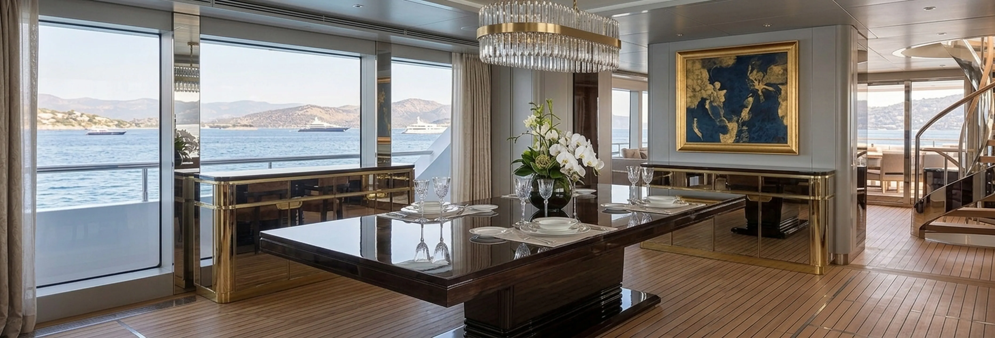 Tavolo da pranzo antico per dieci persone con decorazioni eleganti e vista mare.