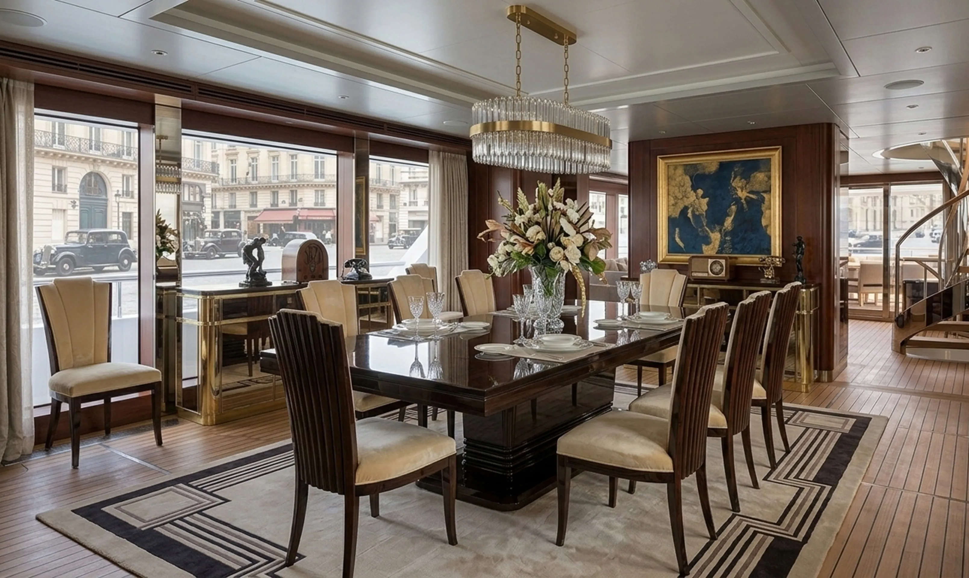 Mesa de comedor antigua para diez personas con sillas elegantes y decoración