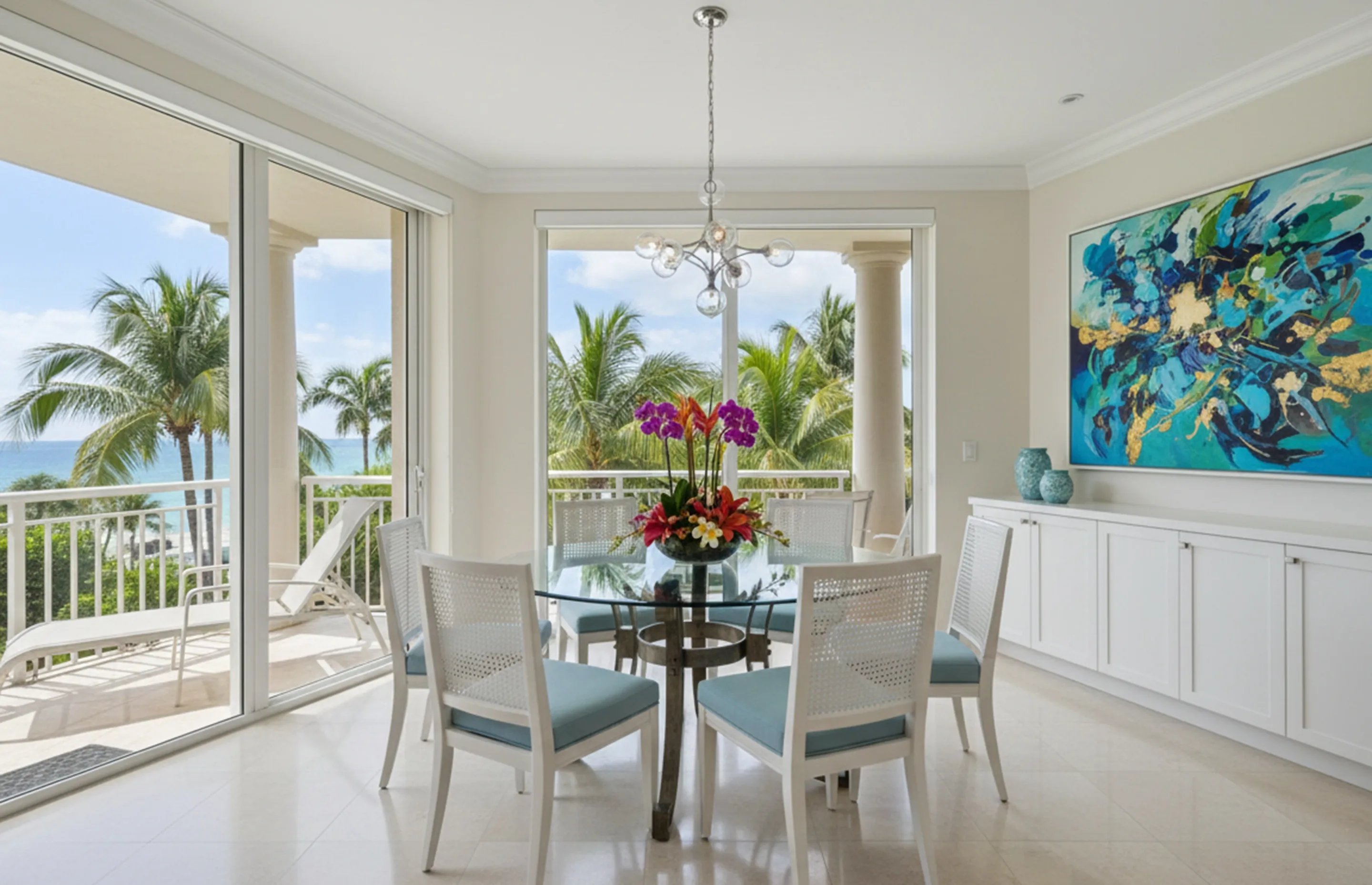 Antique dining table for 6 people with ocean view.