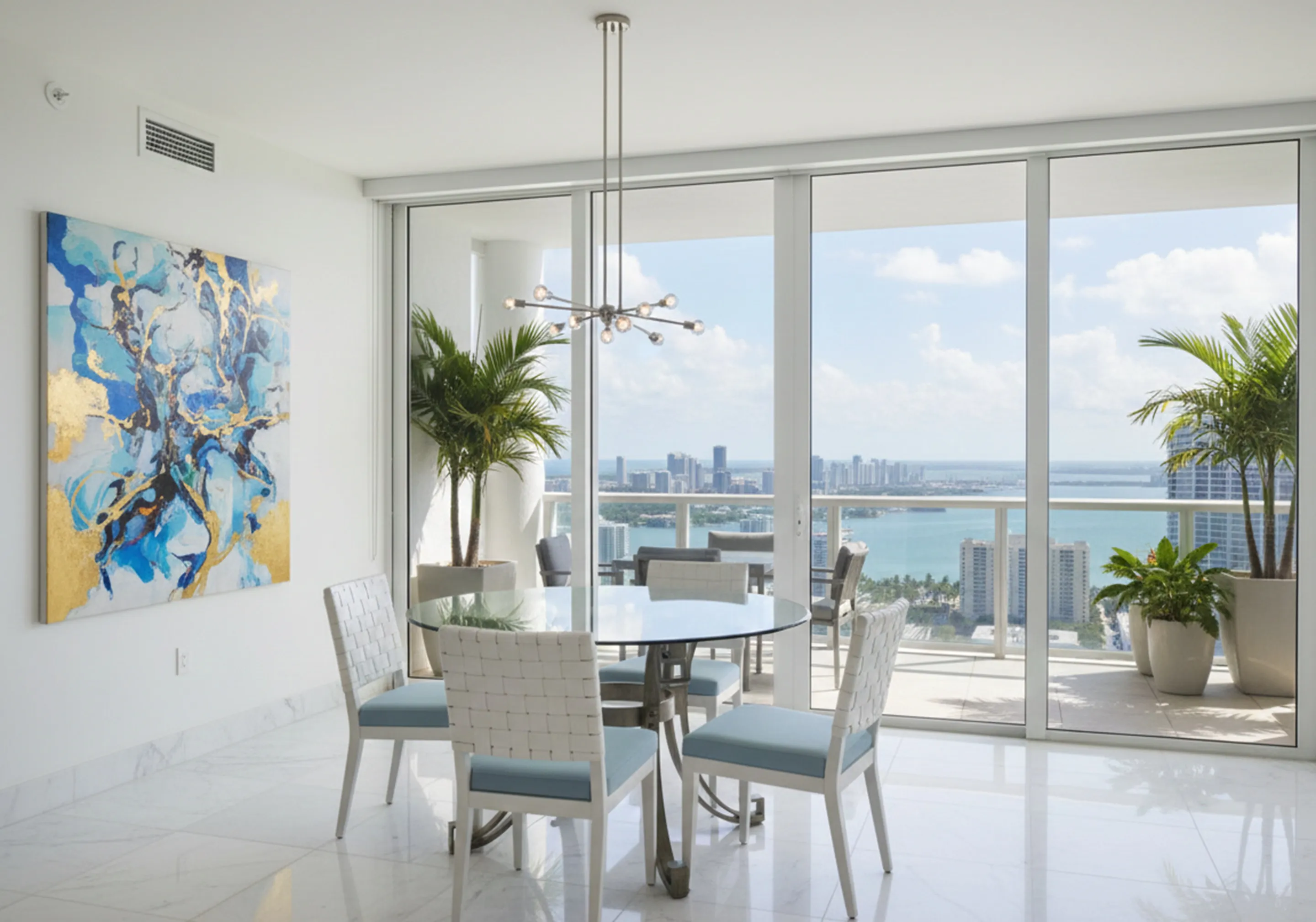 Mesa de jantar antiga para 6 pessoas em ambiente moderno com vista para o mar.