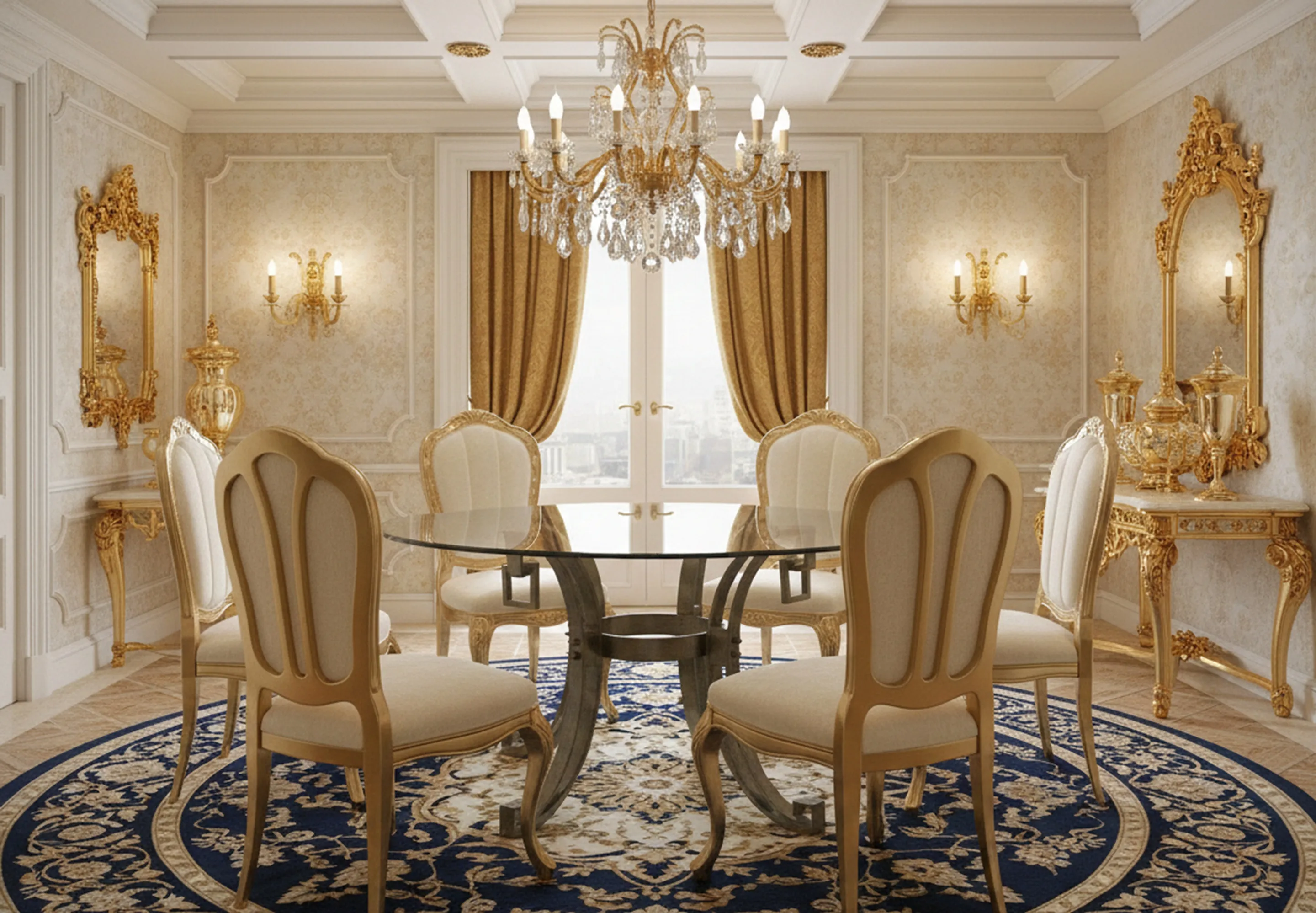 छह लोगों के लिए प्राचीन खाने की मेज़, एक सुंदर डिज़ाइन के साथ, सजावटी कुर्सियों से घिरी हुई।