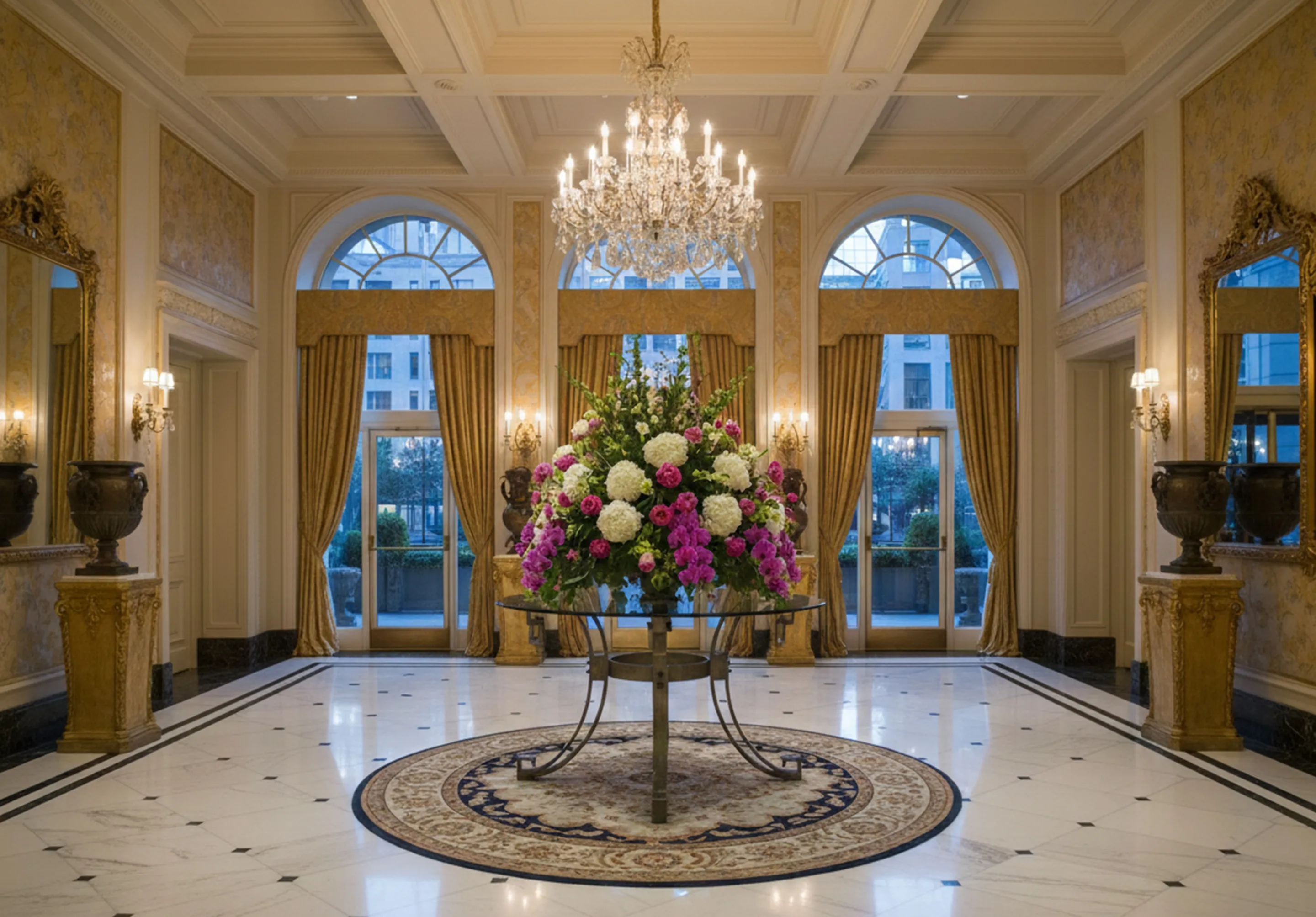 Table à manger antique pour 6 personnes dans un environnement élégant avec des vases et des rideaux luxueux.
