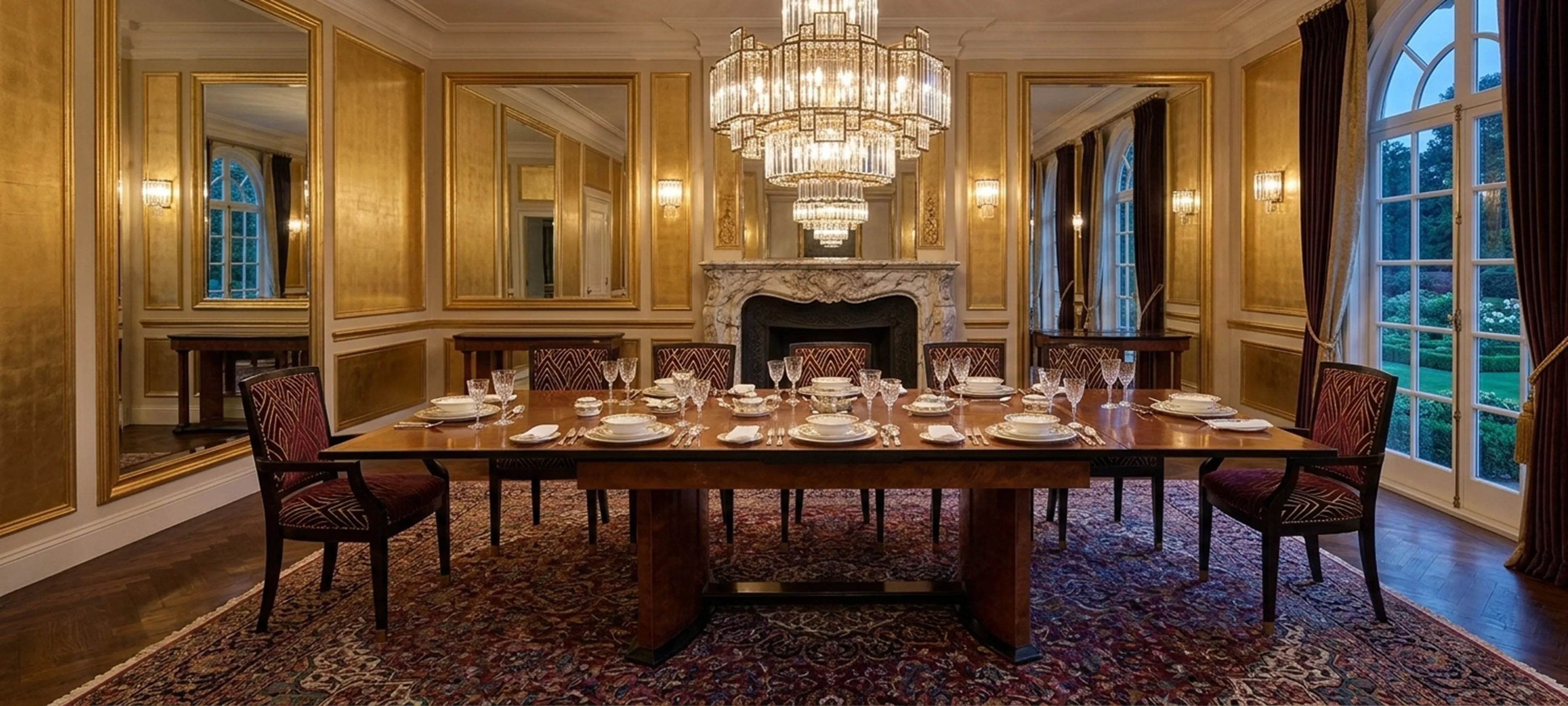 mesa de comedor antigua para 12 personas, con vajilla y copas elegantes