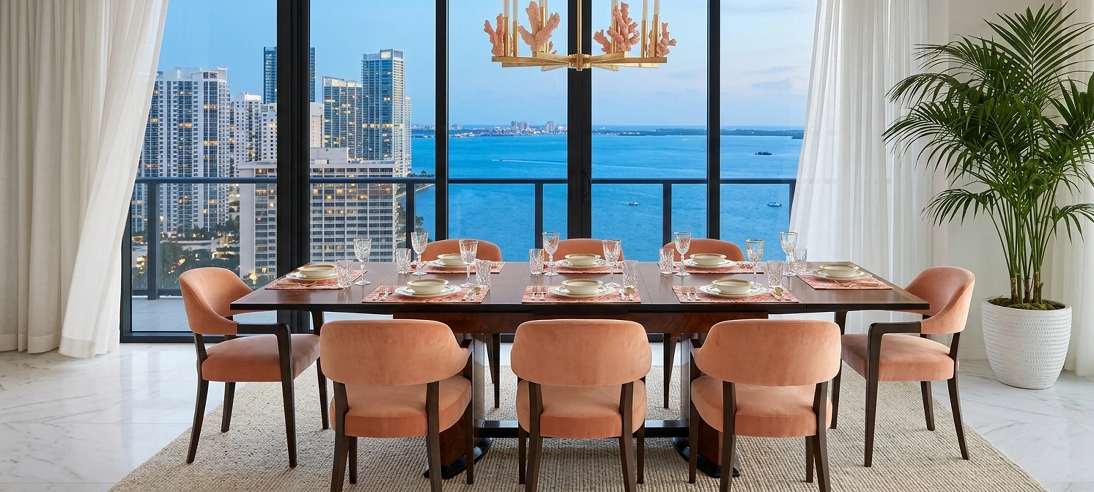 Tavolo da pranzo antico per 12 persone con vista mare e sedie eleganti