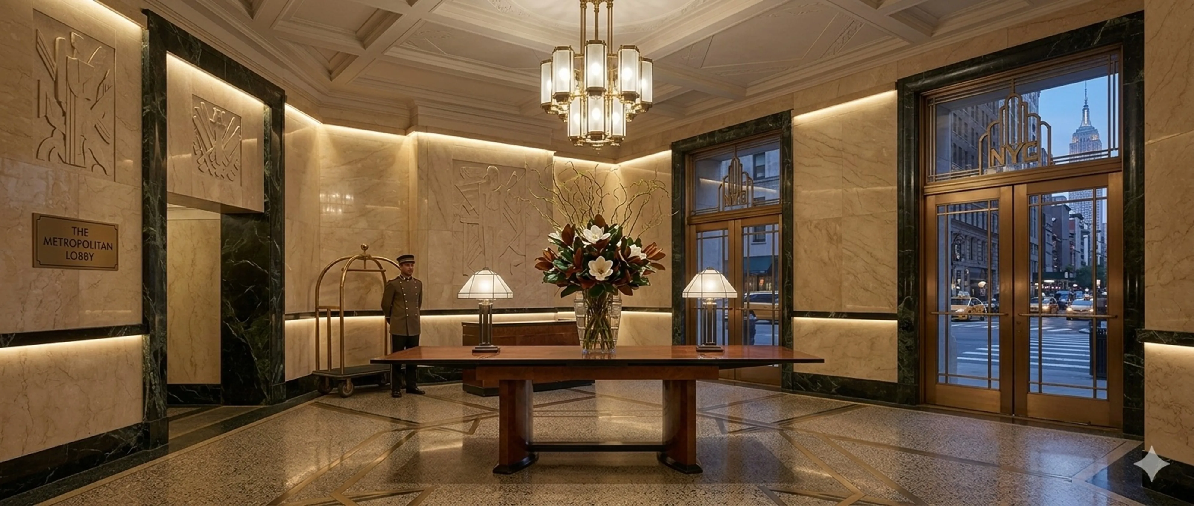 Tavolo da pranzo antico per 12 persone in un elegante ingresso con fiori e lampada