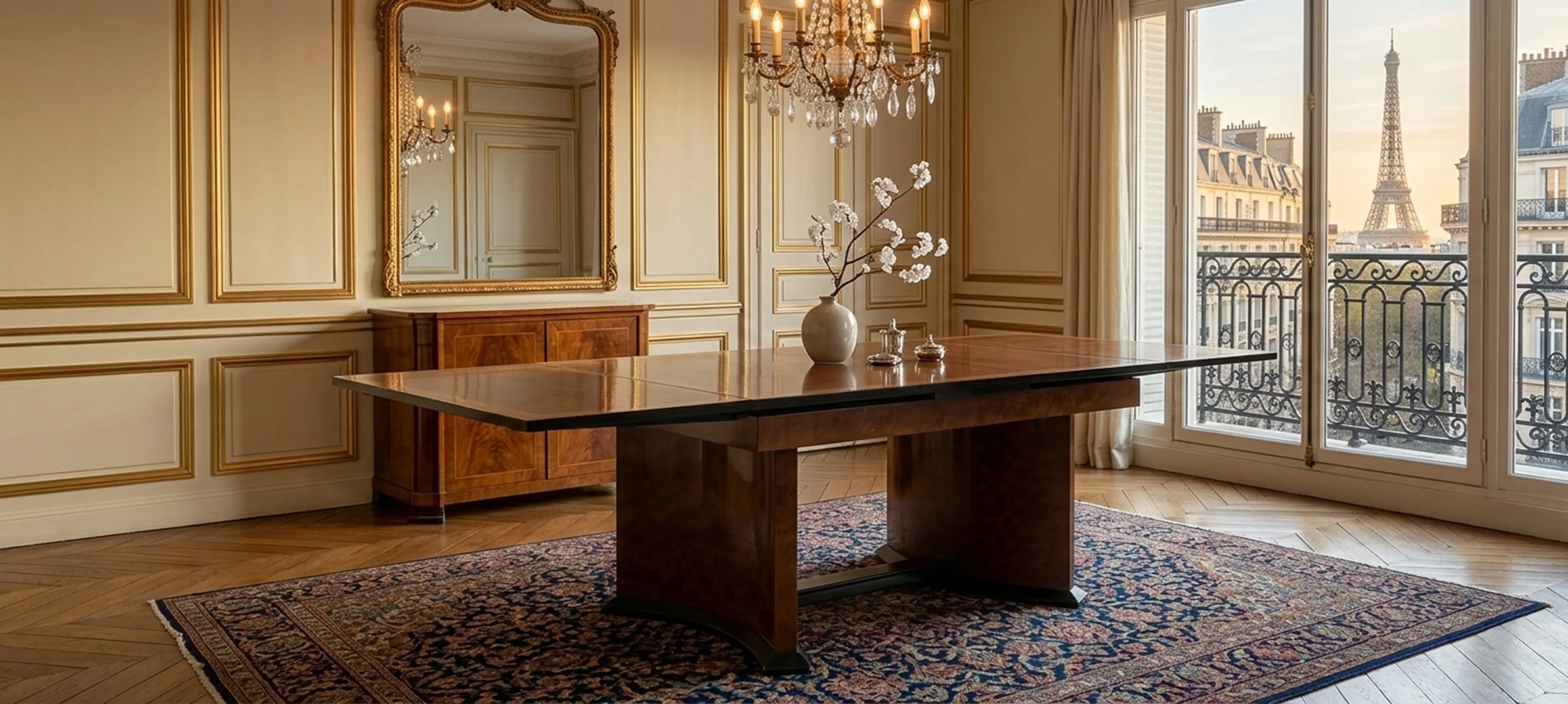 antiker Esstisch für 12 Personen in eleganter Esszimmer mit Aussicht