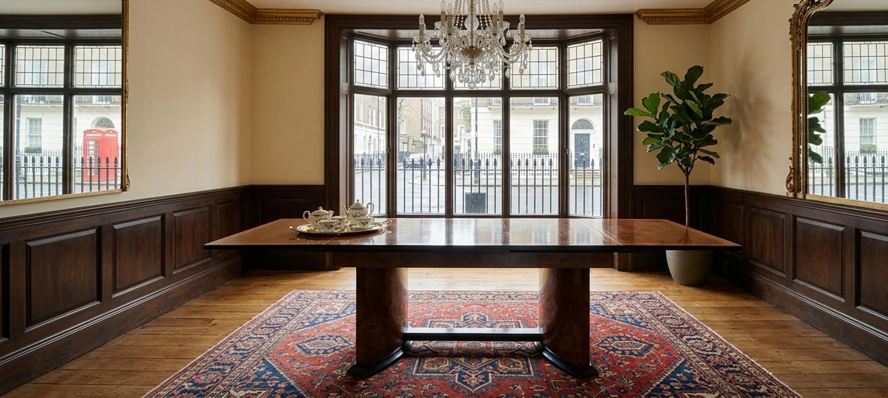 Mesa de jantar antiga em uma sala elegante com lustre.