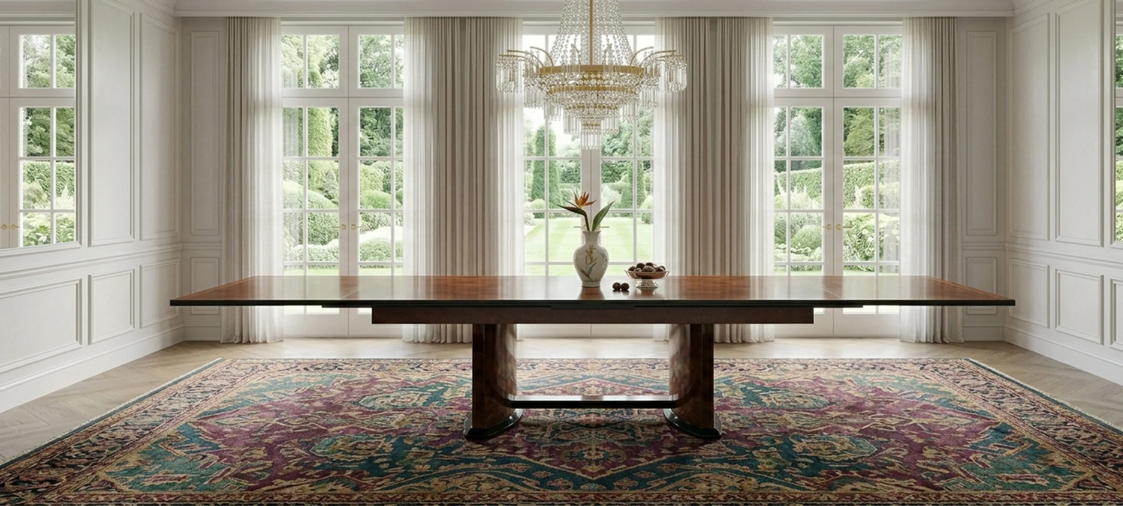 mesa de comedor antigua para 12 personas en un ambiente iluminado con una vista al jardín.