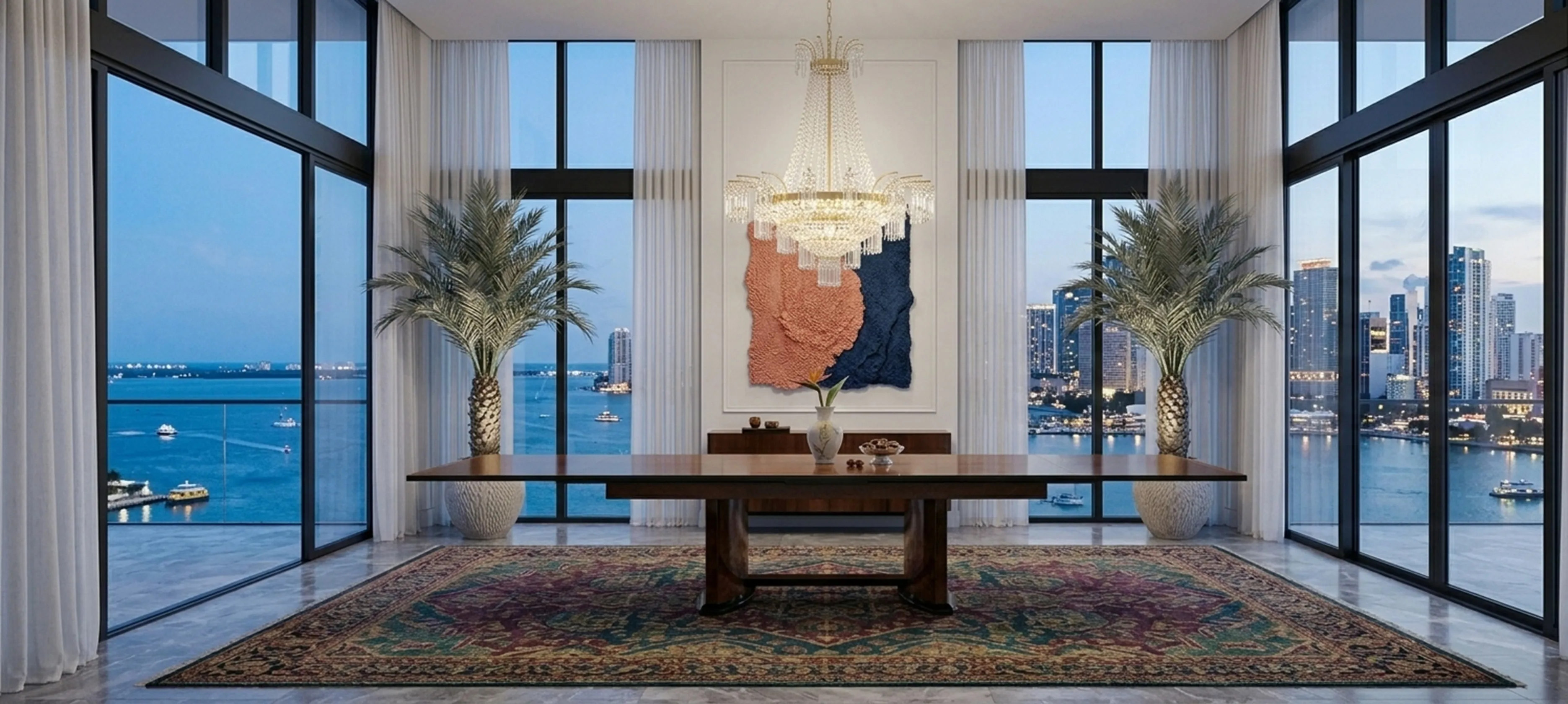 Tavolo da pranzo antico per 12 persone in un'impostazione elegante con vista mare.