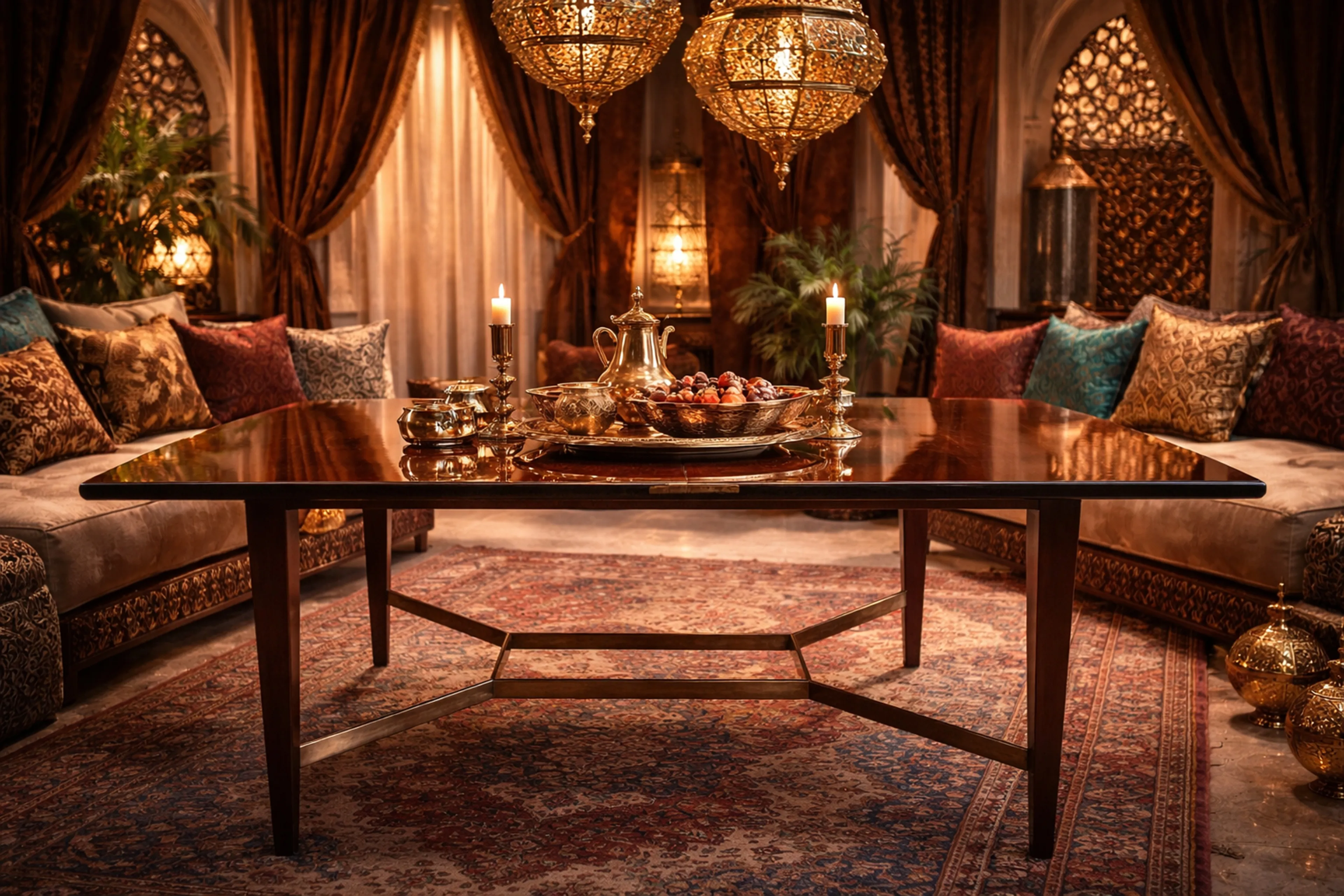 Mesa de comedor antigua con un ambiente acogedor y elegante, rodeada de almoadones coloridos y candelabros brillantes.