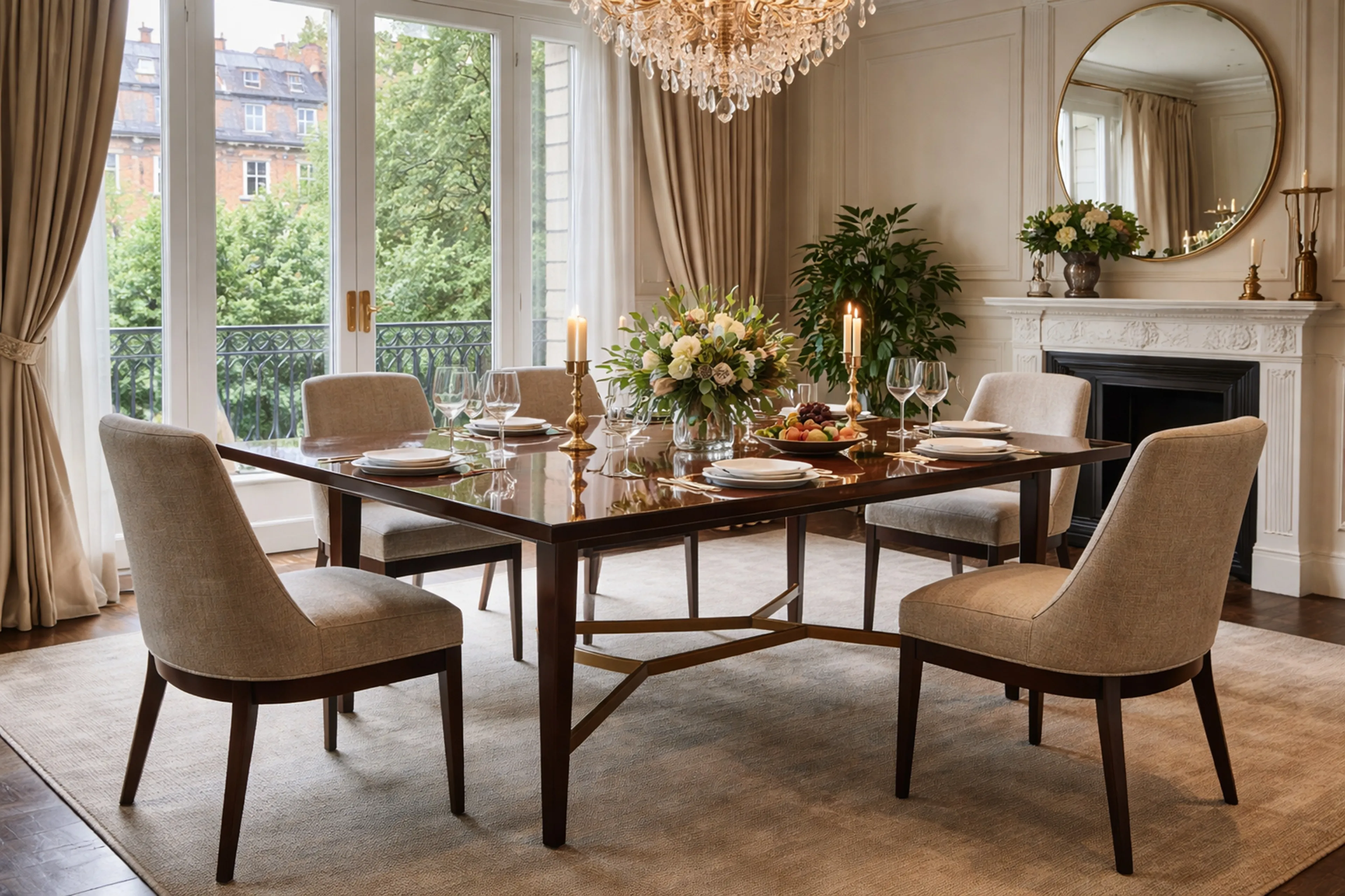 Table à manger ancienne pour 10 à 6 personnes, décorée de fleurs