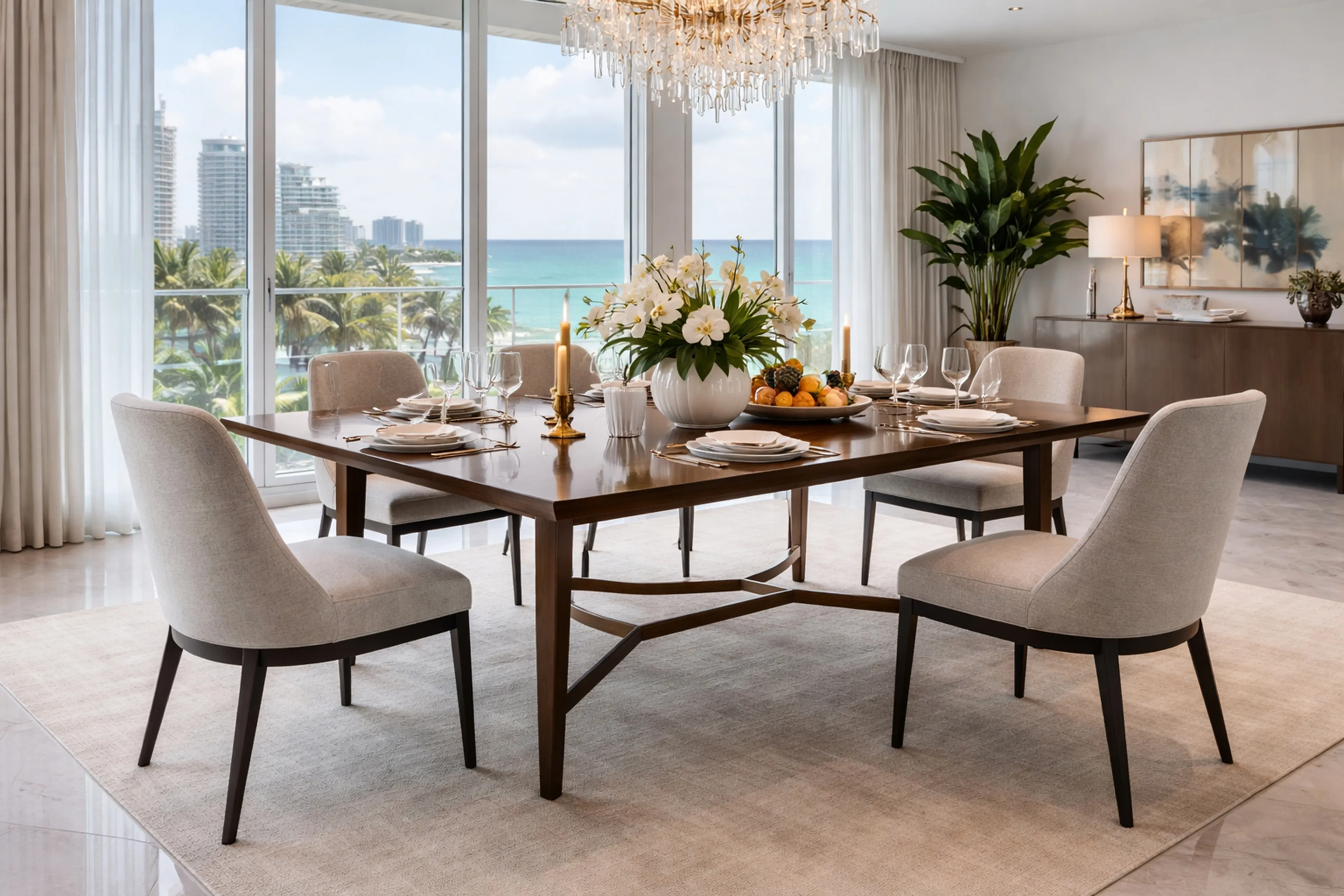 Table à manger antique pour 10 ou 6 personnes, décorée de fleurs et de fruits, vue sur la mer.