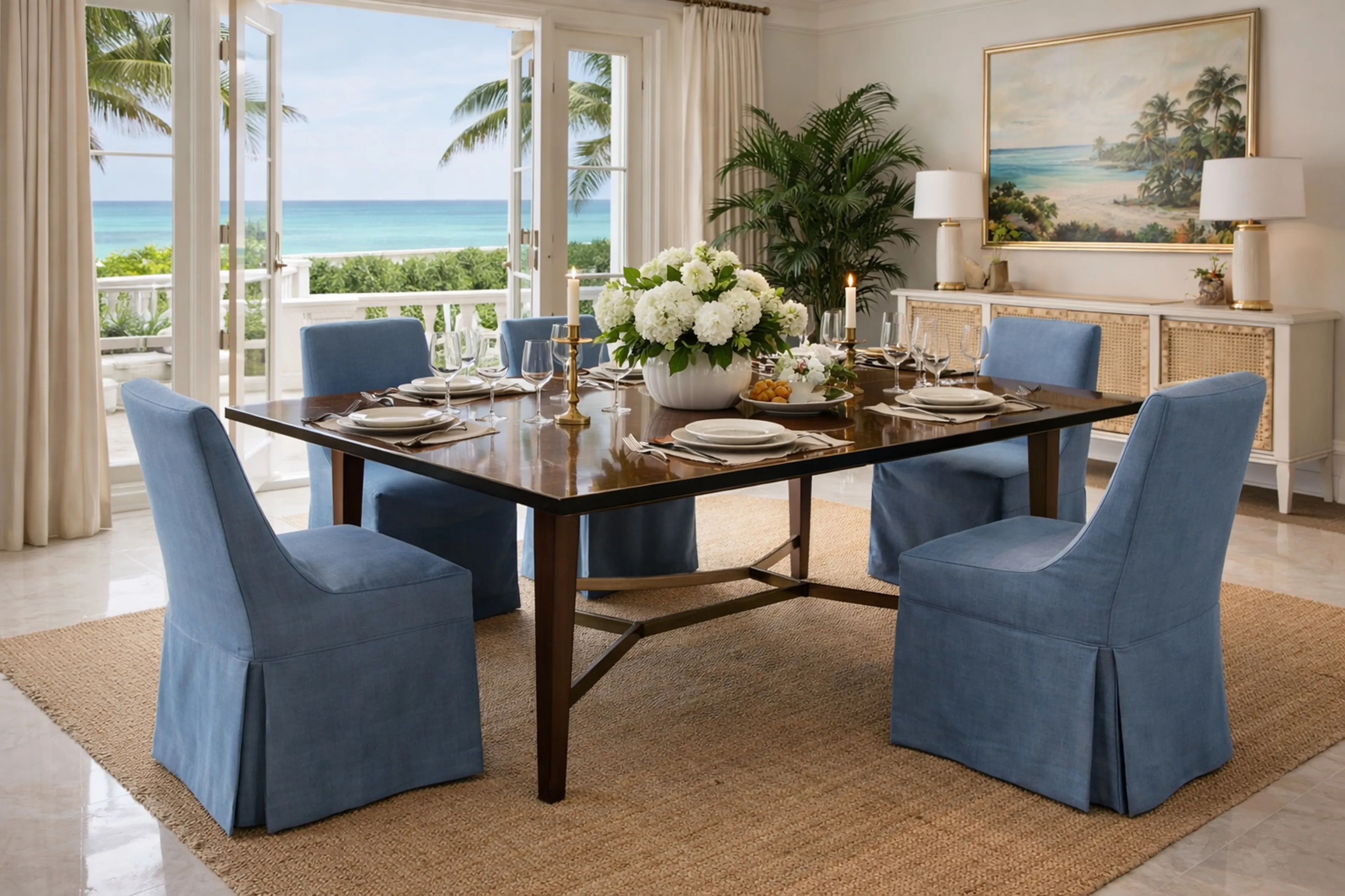 Mesa de comedor antigua para 10/6 personas en un ambiente luminoso, decorada con flores.