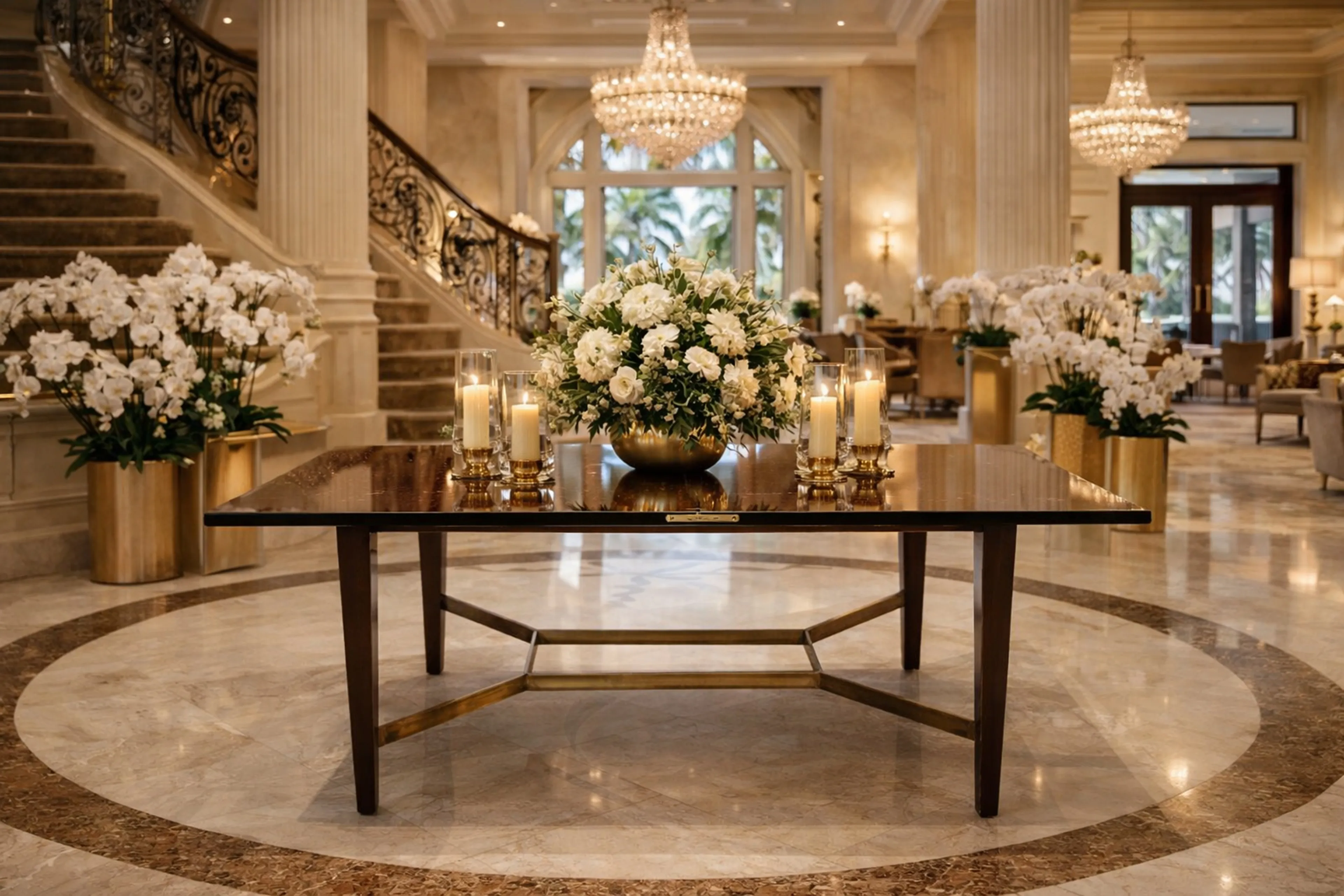 Mesa de comedor antigua para 10/6 personas, decorada con flores y velas, en ambiente elegante