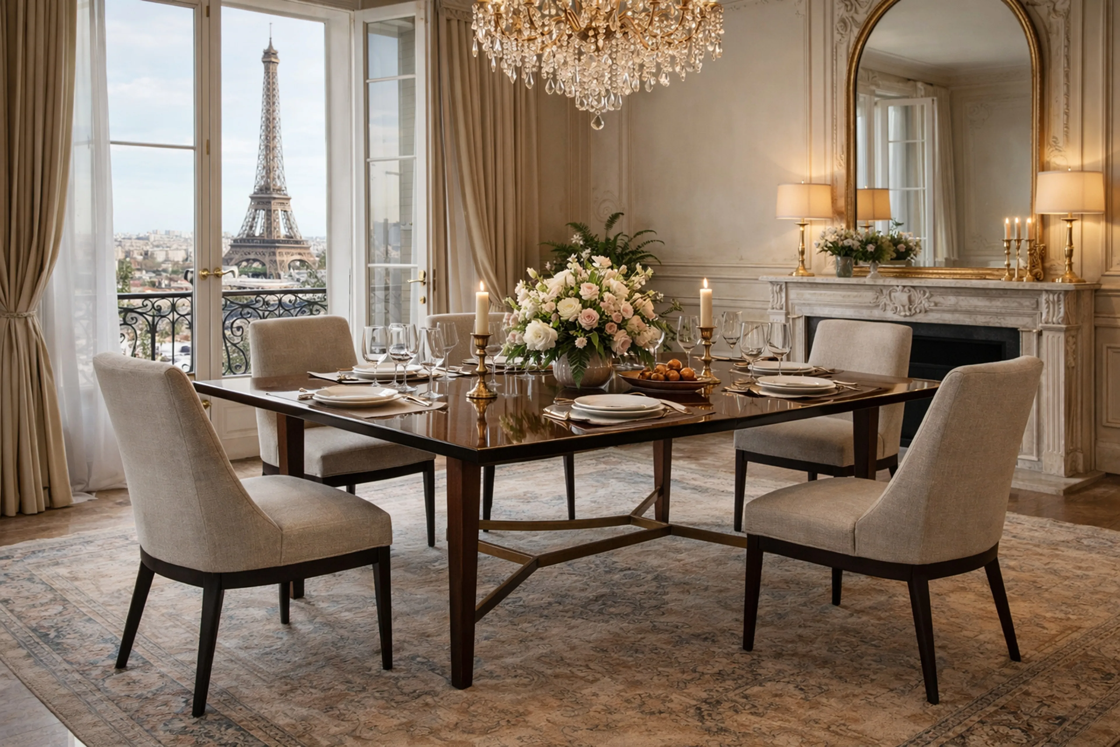 Mesa de comedor antigua para 10 o 6 personas, elegante con flores y velas.