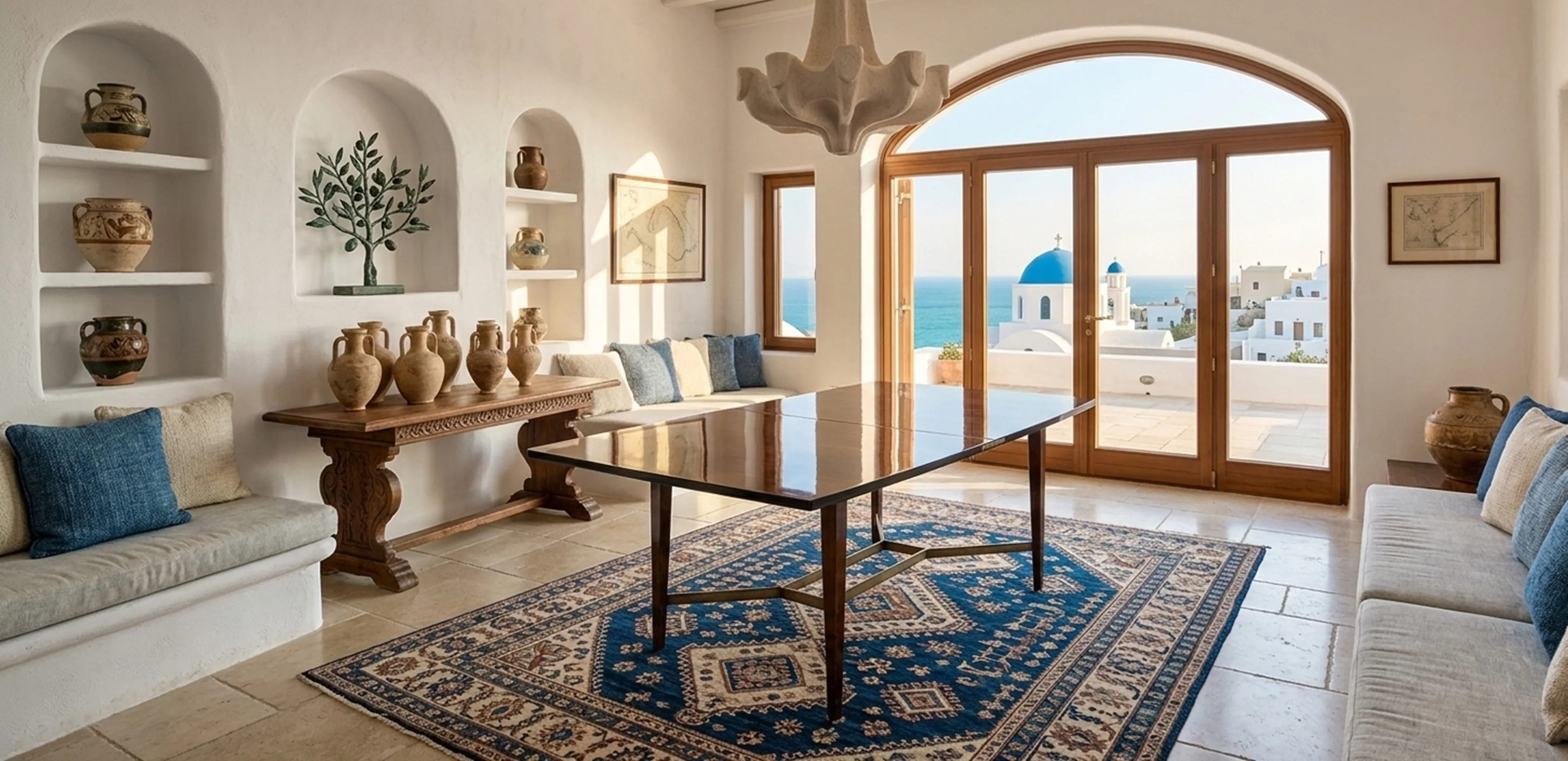 Mesa de jantar antiga para 10 ou 6 pessoas em um ambiente aconchegante com decorações