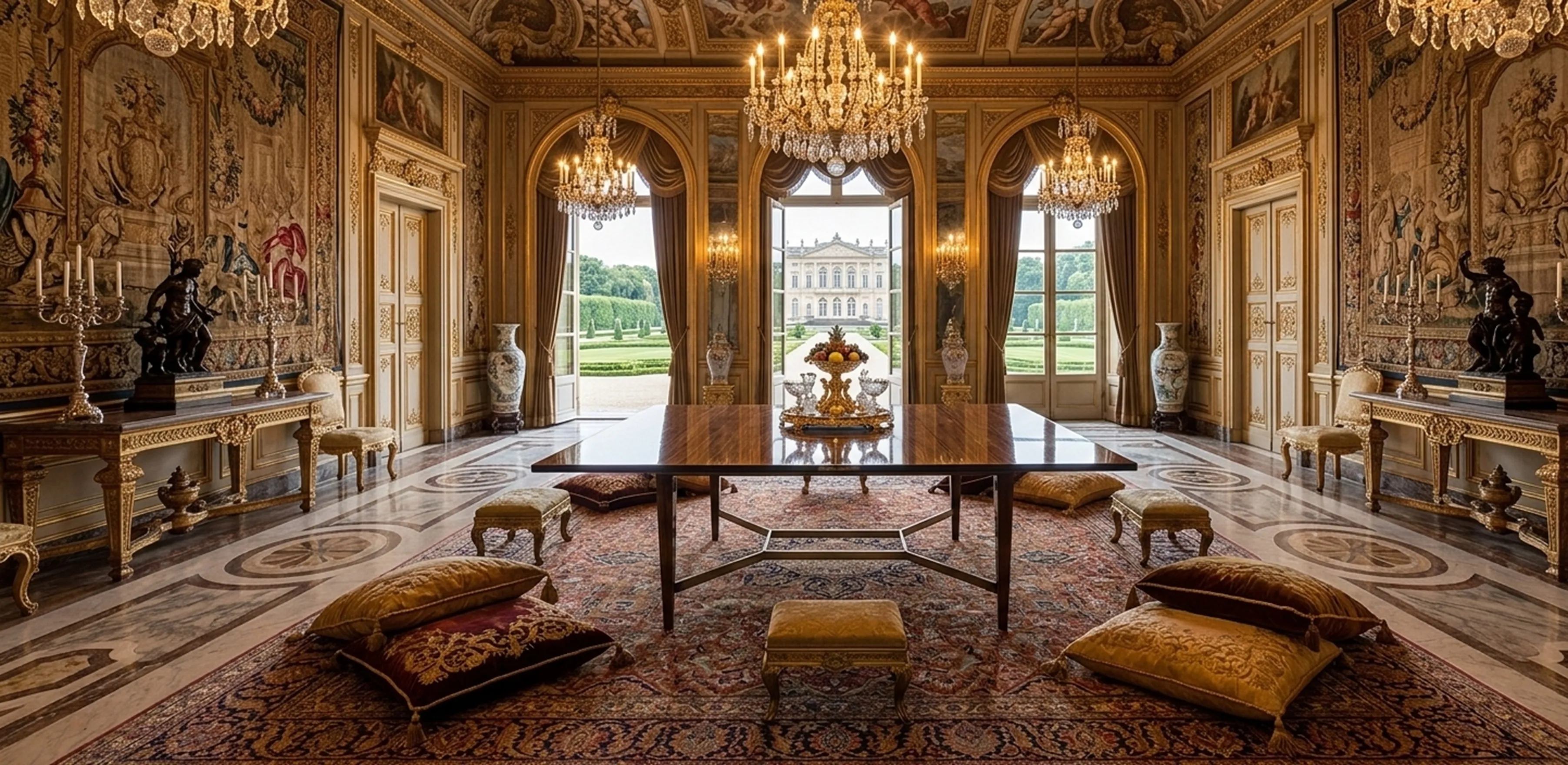 Mesa de jantar antiga para 10 ou 6 pessoas, em um ambiente elegante com decoração luxuosa.