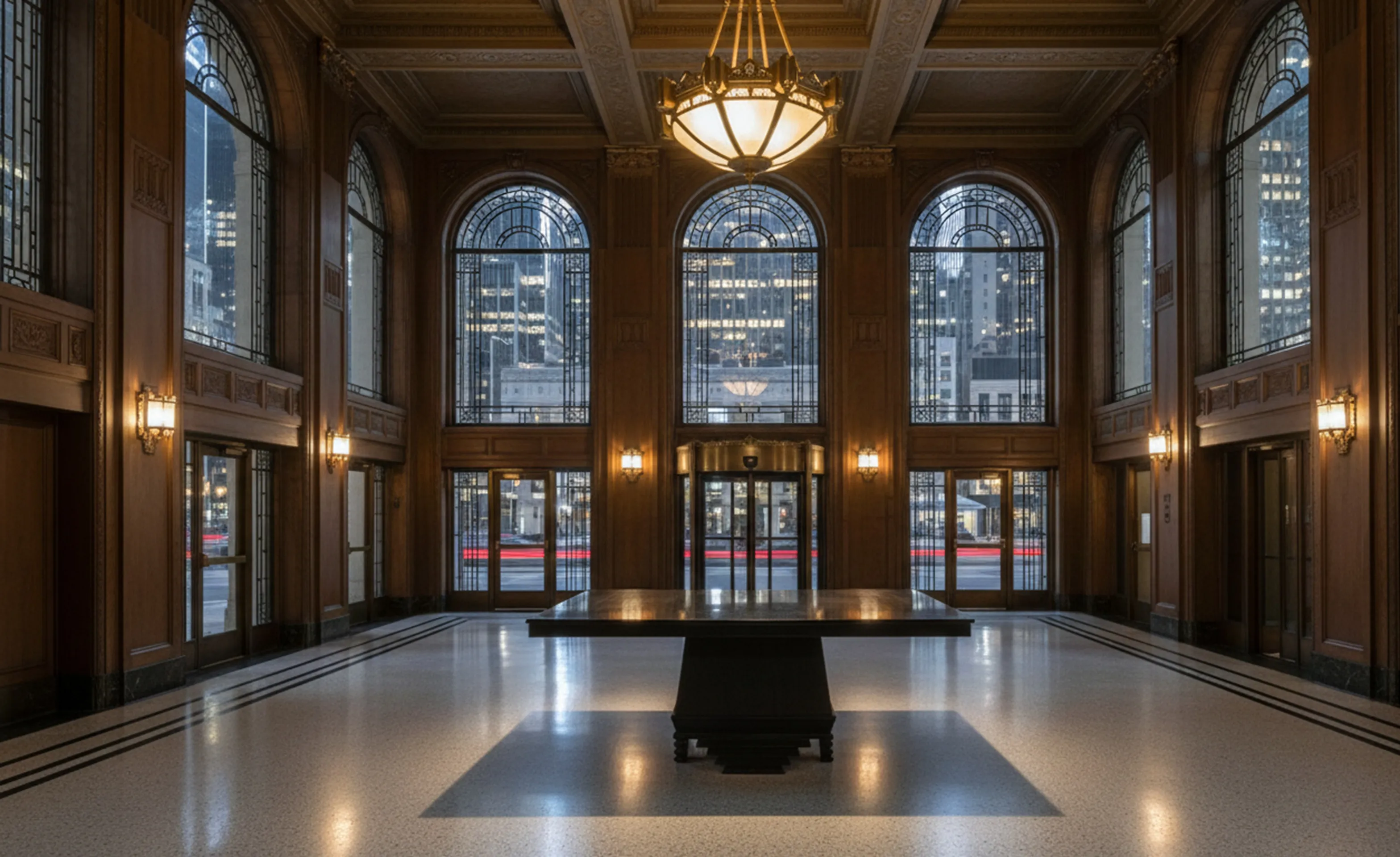 mesa de jantar antiga em um ambiente elegante com grandes janelas e luzes