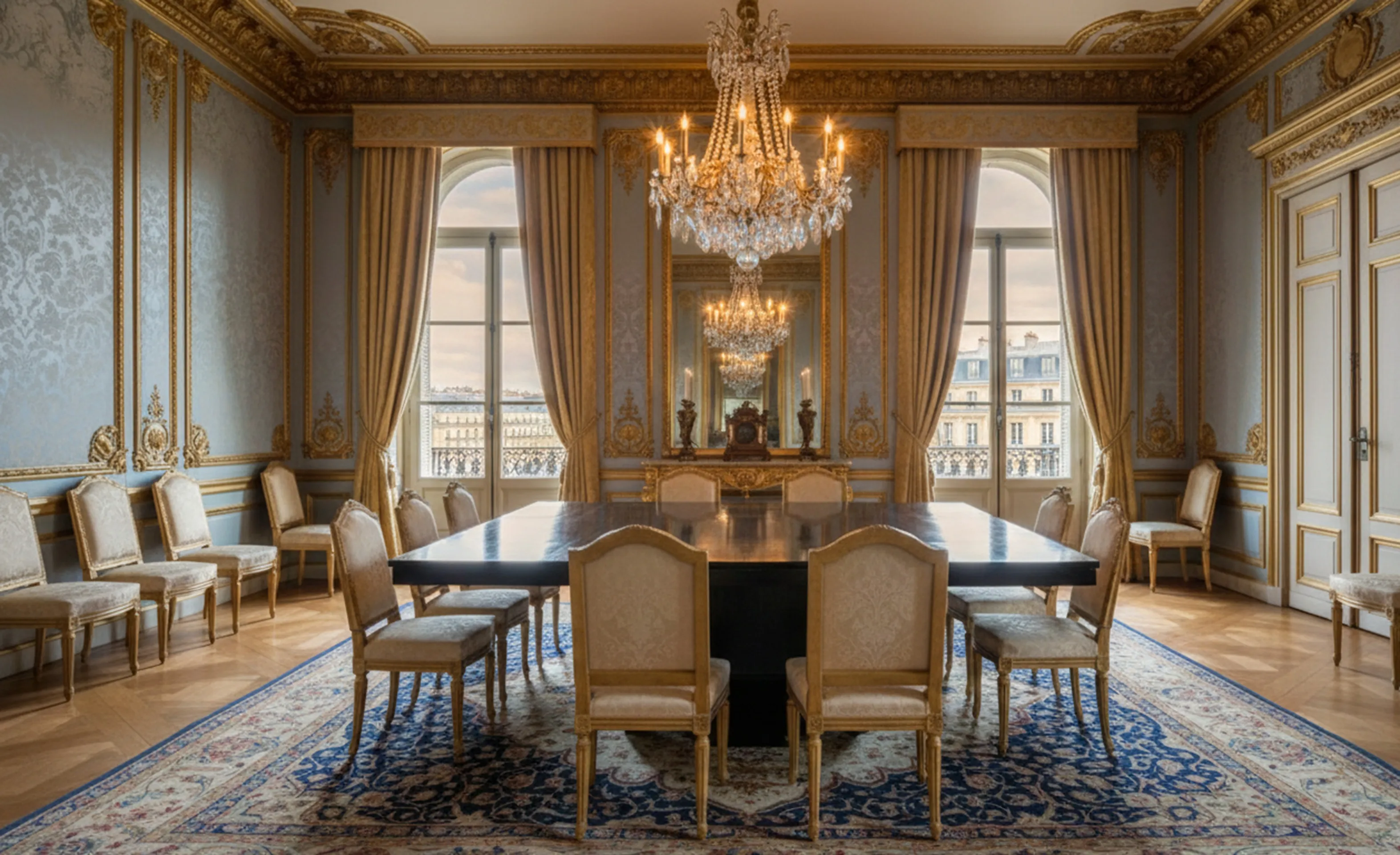 mesa de comedor antigua con sillas en una elegante habitación decorada