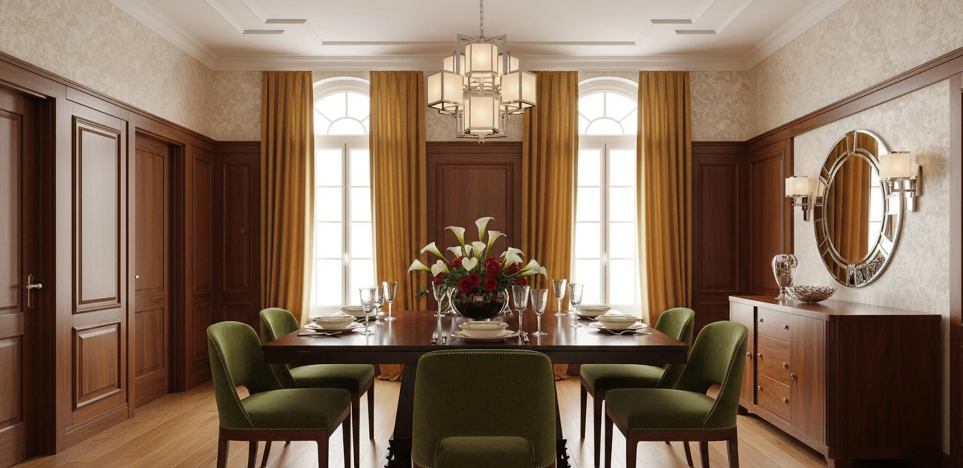 Mesa de comedor antigua para ocho personas, decorada con flores.