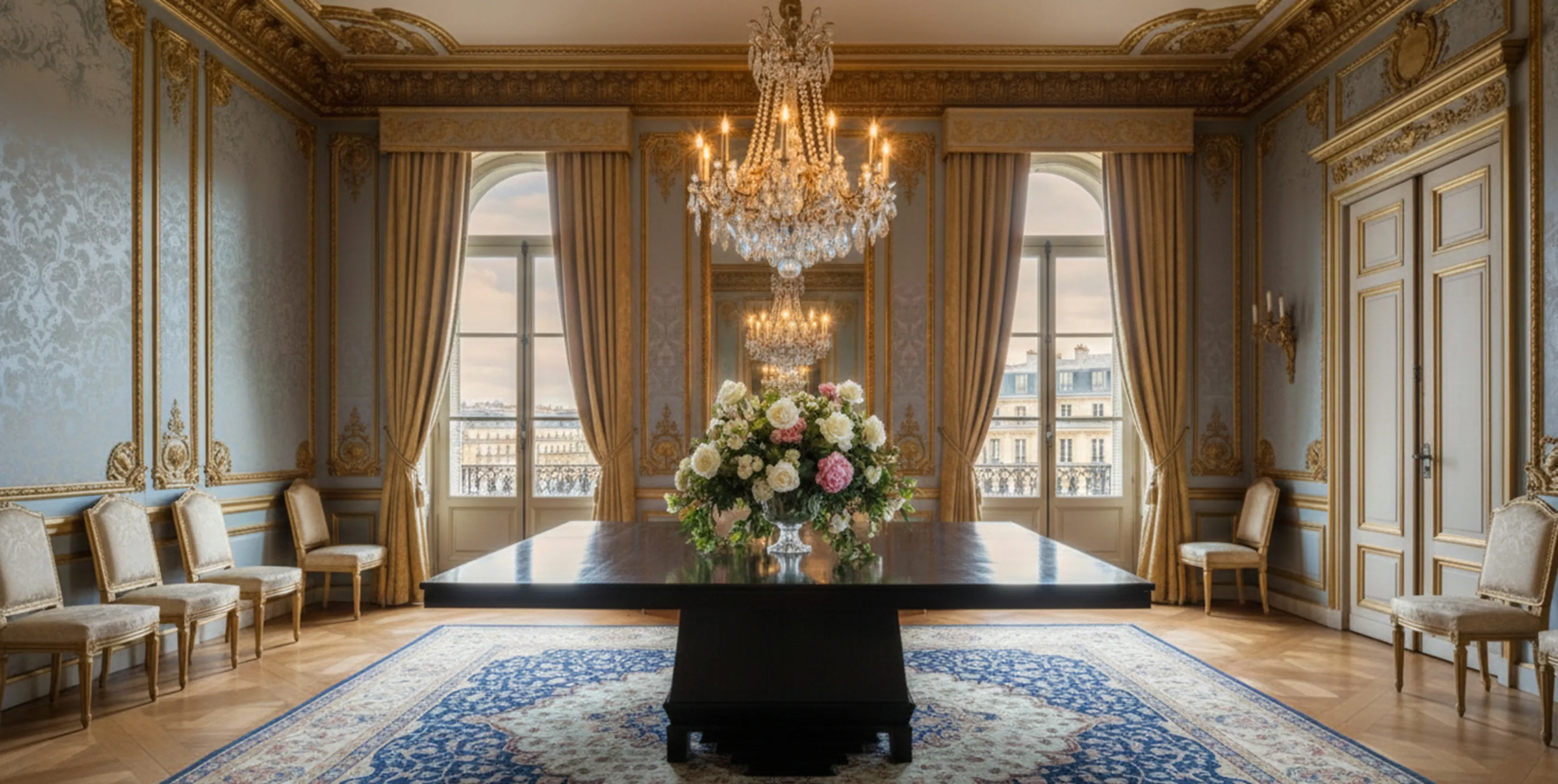 Mesa de comedor antigua con arreglo floral, ambiente elegante.