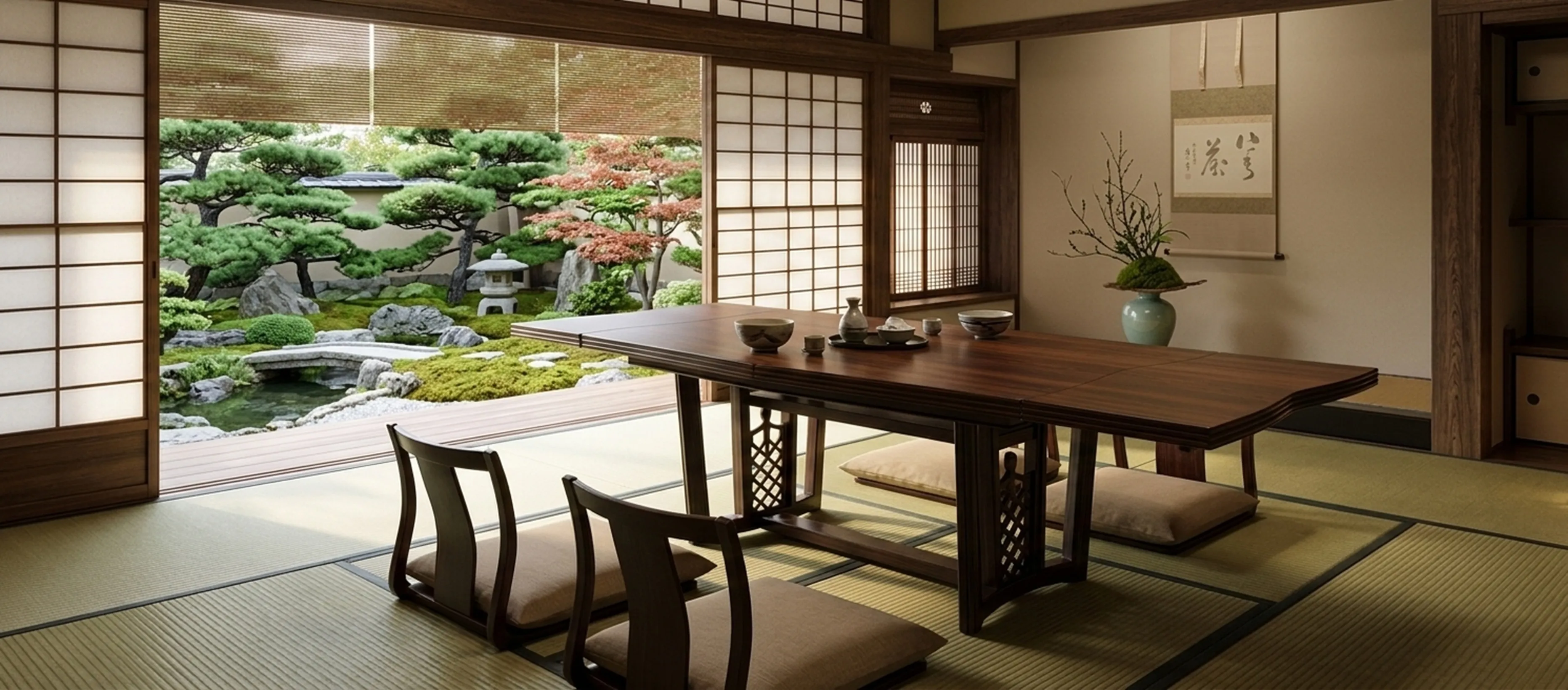 Mesa de comedor antigua para diez personas en un ambiente elegante.