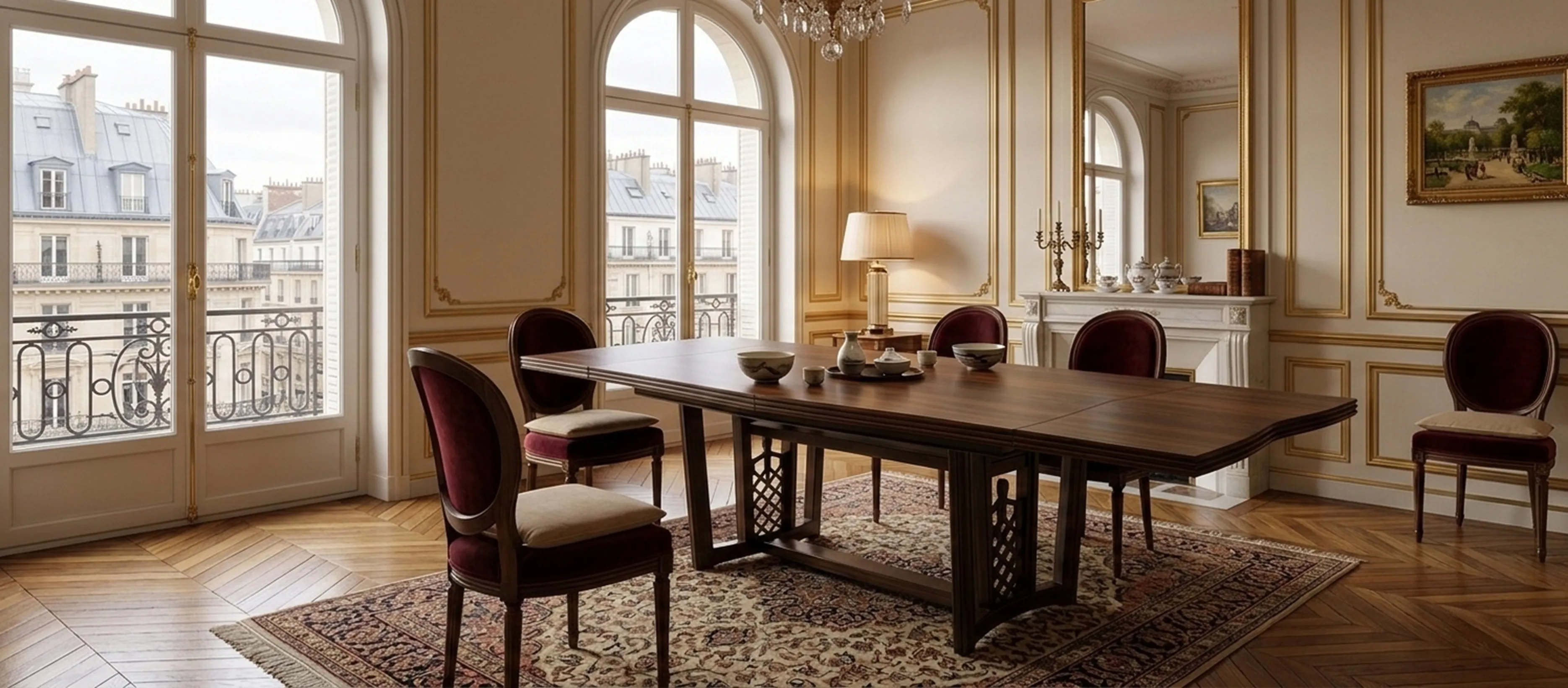 mesa de comedor antigua para diez personas, ambiente elegante