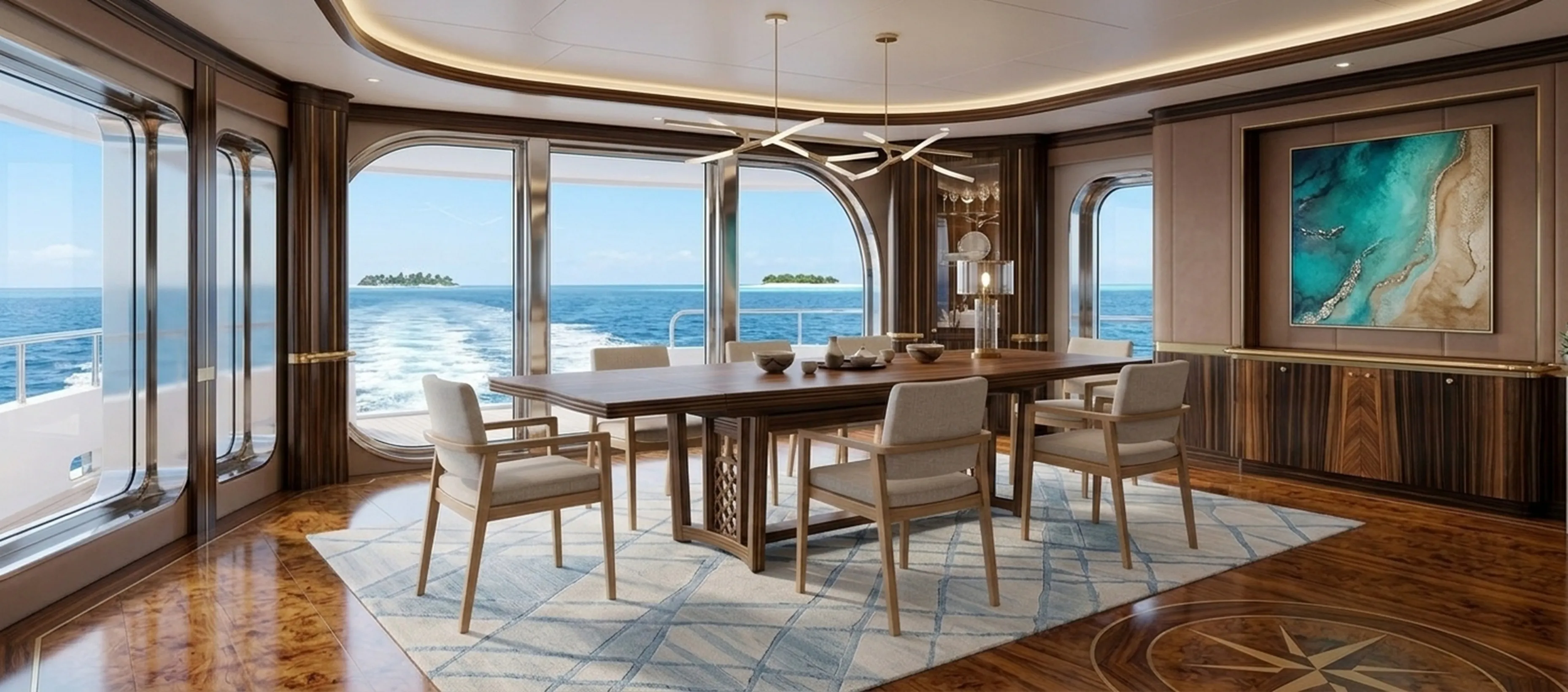 Mesa de comedor antigua para diez personas con vista al mar.