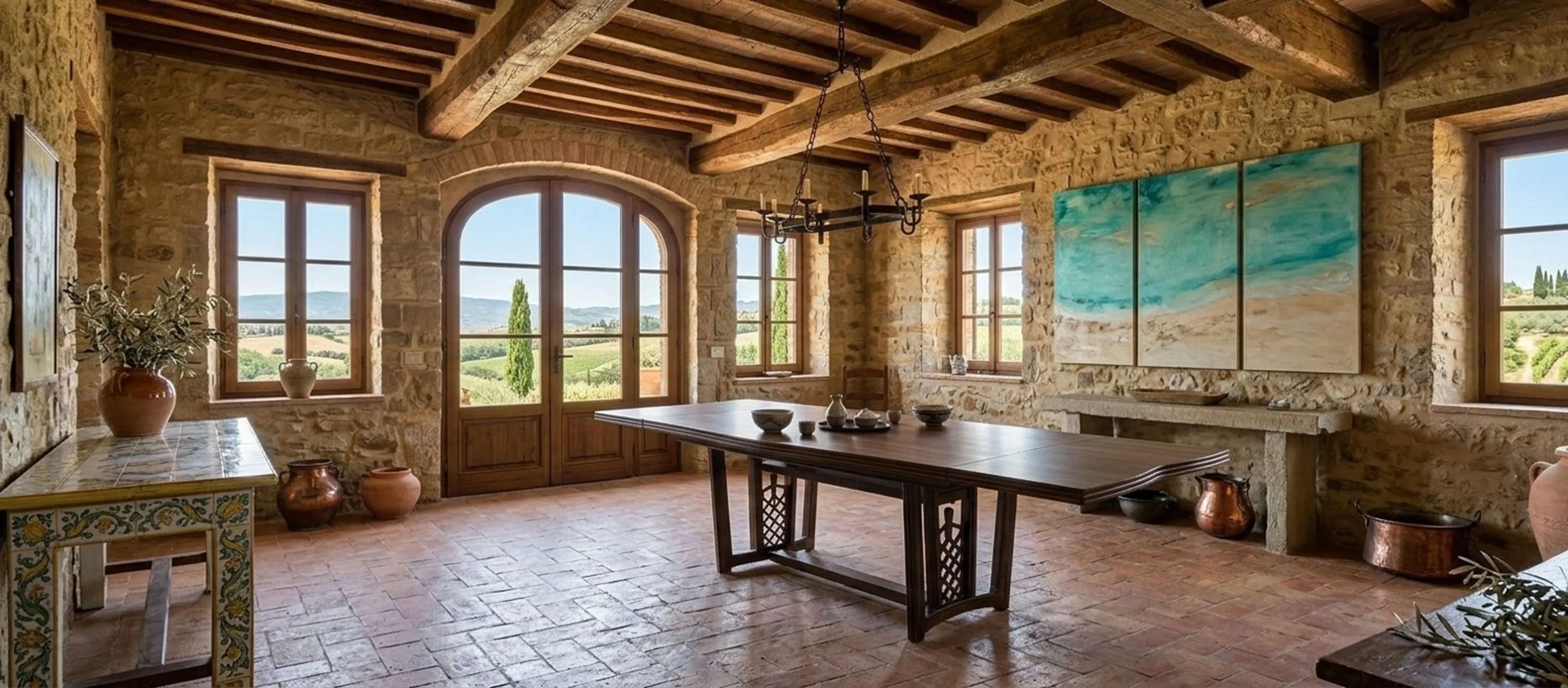 Antique dining table for 10 people in a rustic setting