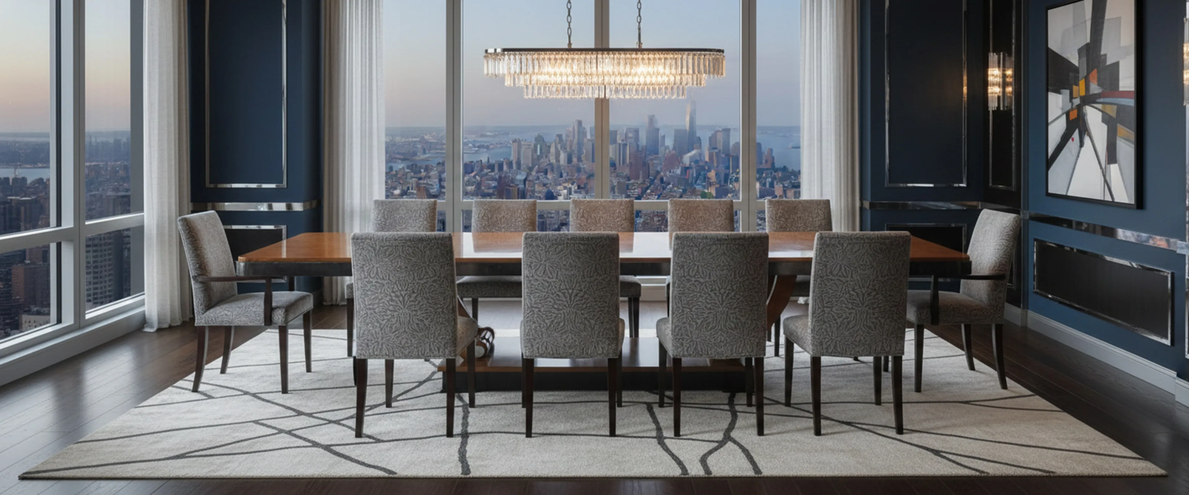 Mesa de comedor antigua para 12 personas, rodeada de sillas, en un ambiente elegante