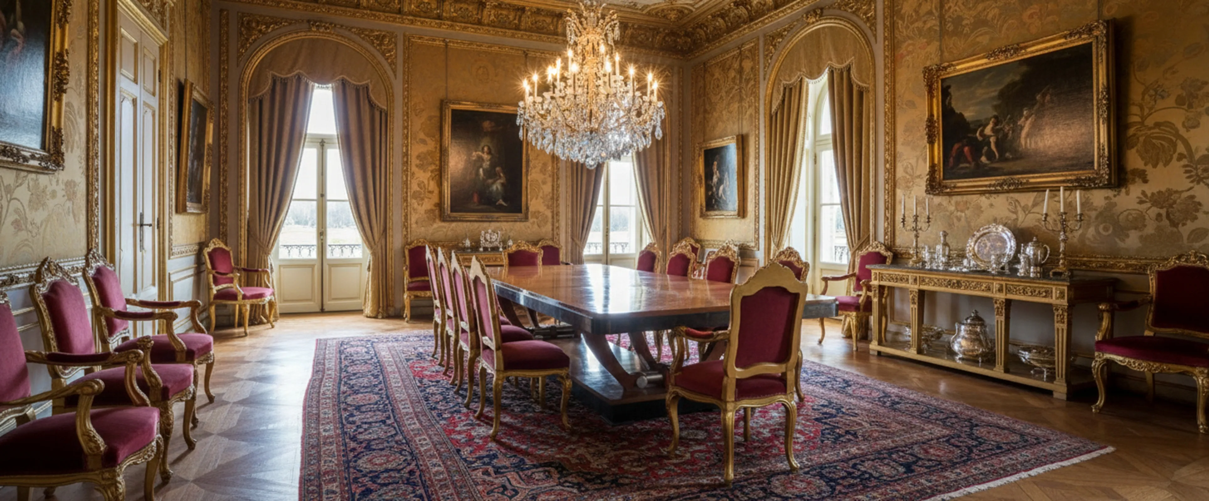 Antique dining table for 12 people, elegant and spacious, in a luxurious setting with red chairs.