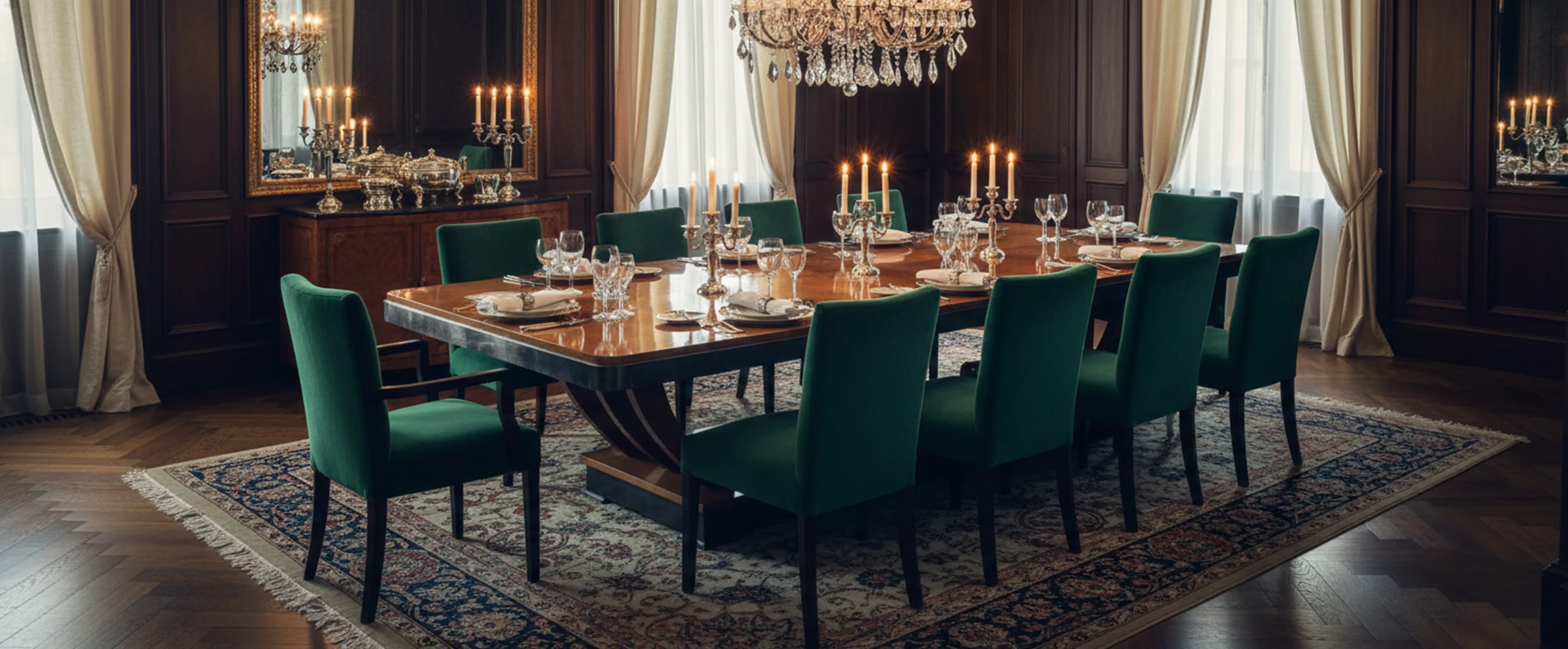 Mesa de comedor antigua para 12 personas con sillas verdes