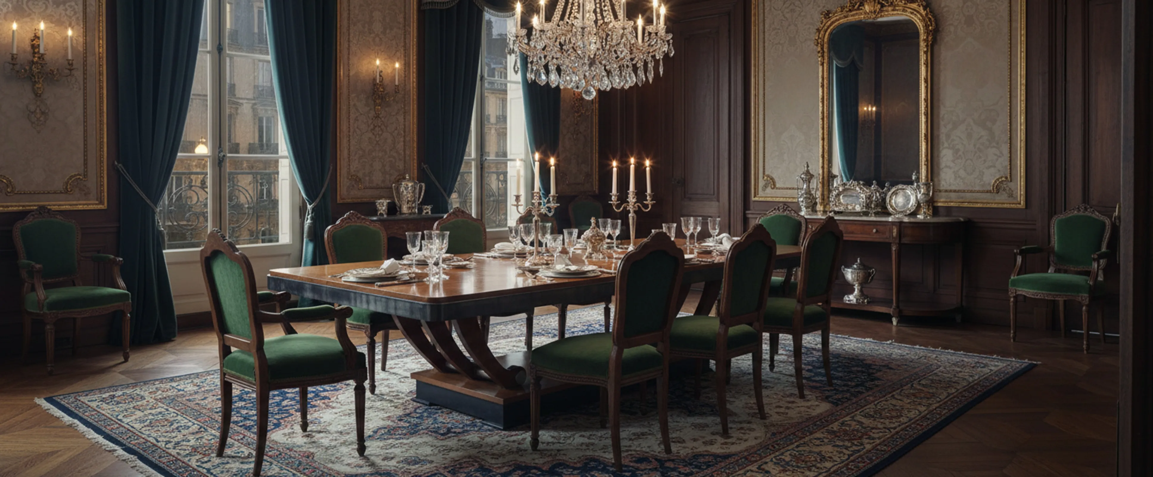 Table à manger ancienne pour 12 personnes, entourée de chaises vertes et de candélabres.
