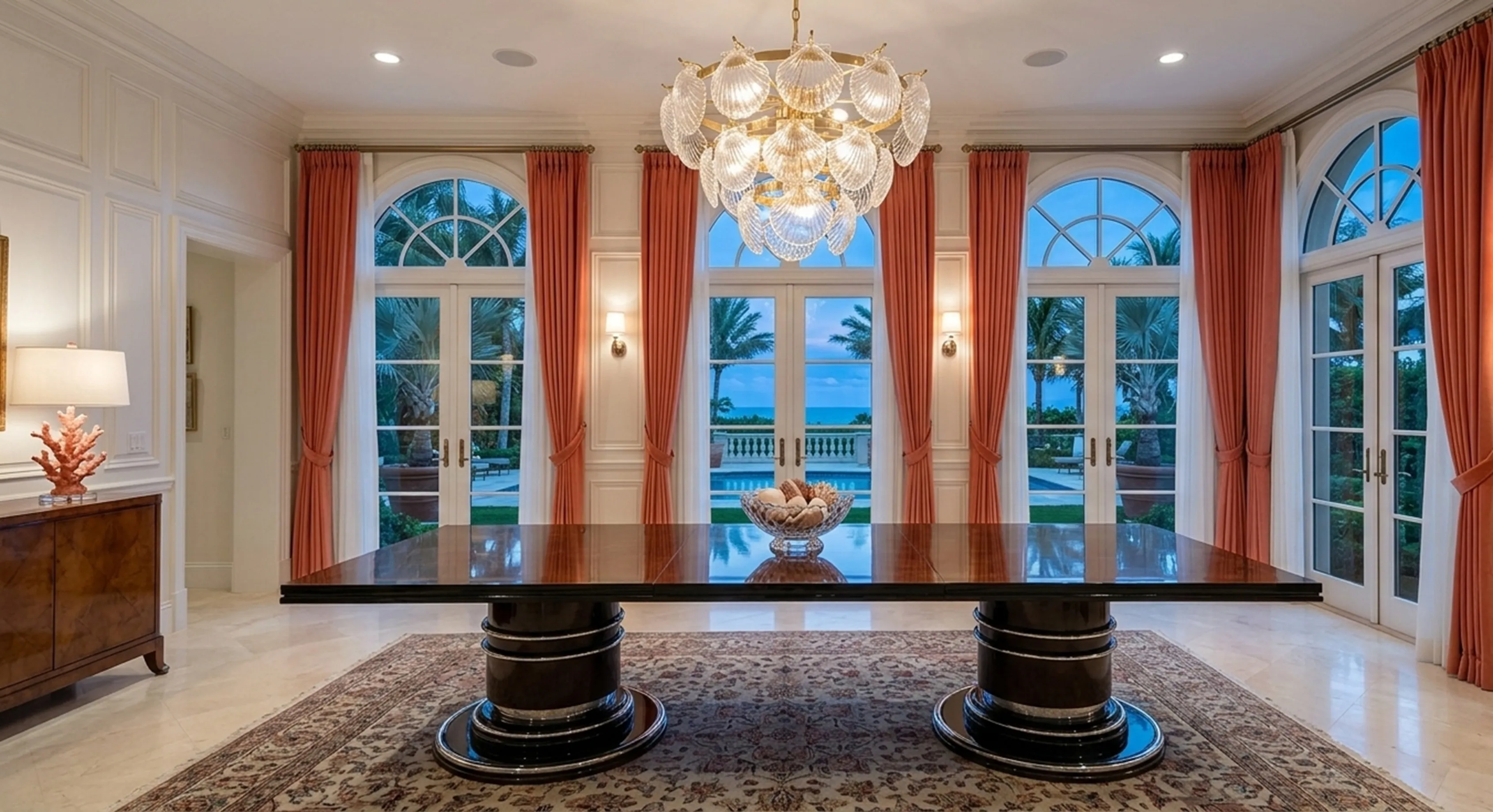 mesa de comedor antigua para 14 personas en un ambiente elegante con ventanas y cortinas.