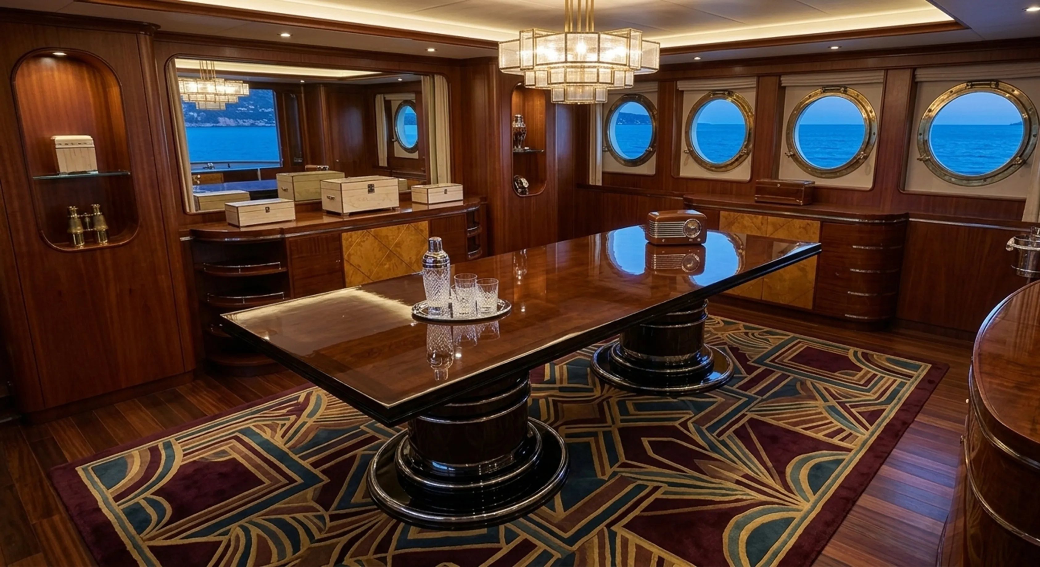 Mesa de comedor antigua para 14 personas en ambiente elegante, decorada con un estilo clásico.