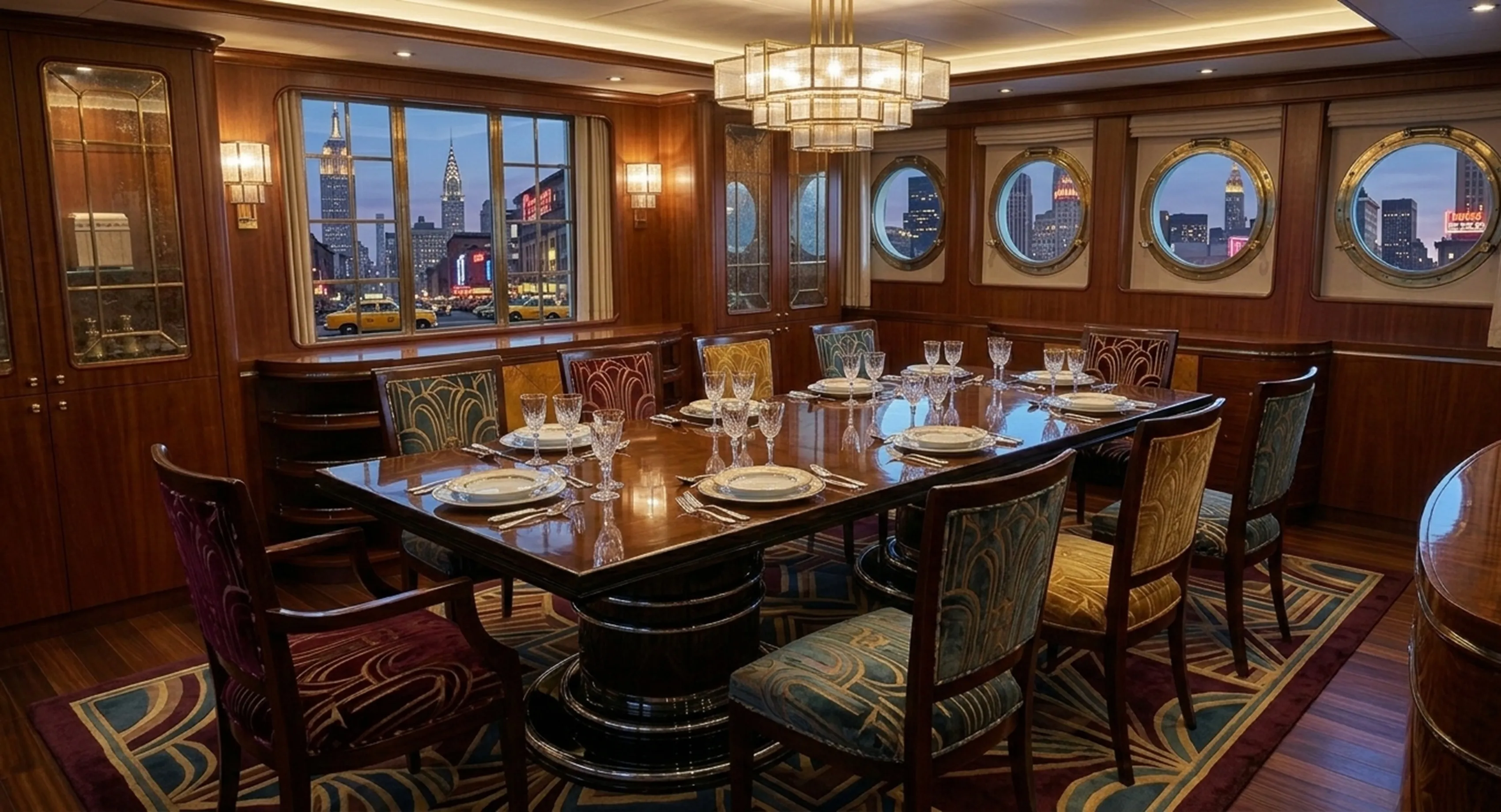 Antiker Esstisch für 14 Personen in einem eleganten Ambiente mit Stadtblick.