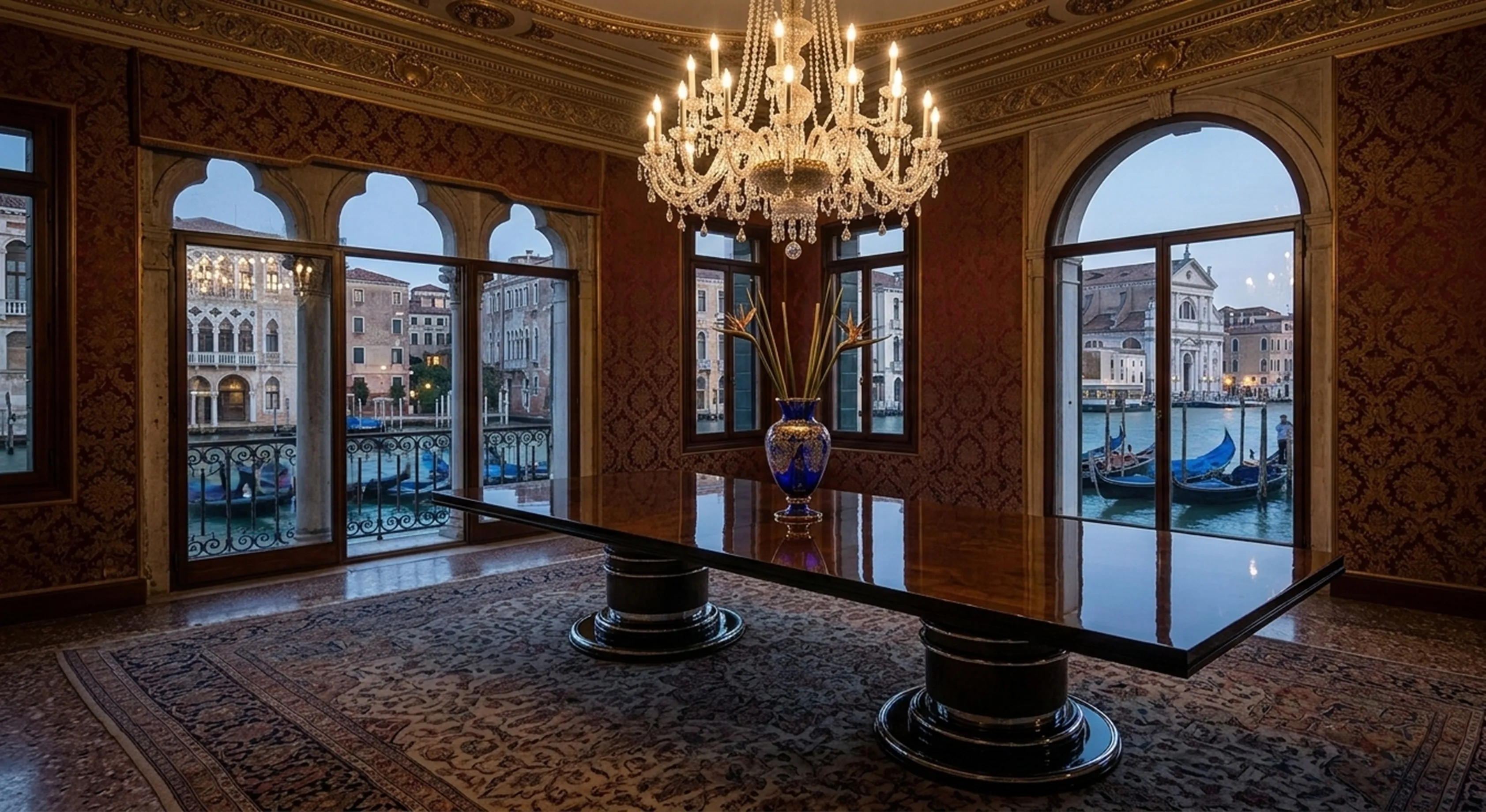 Tavolo da pranzo antico per 14 persone in un ambiente elegante.