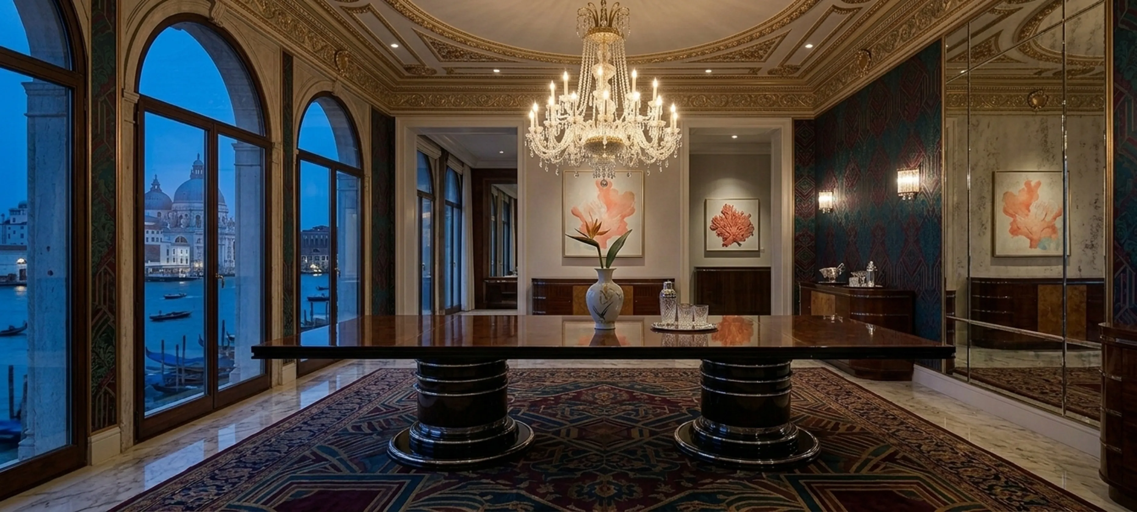 Table à manger antique pour 14 personnes dans un cadre élégant.