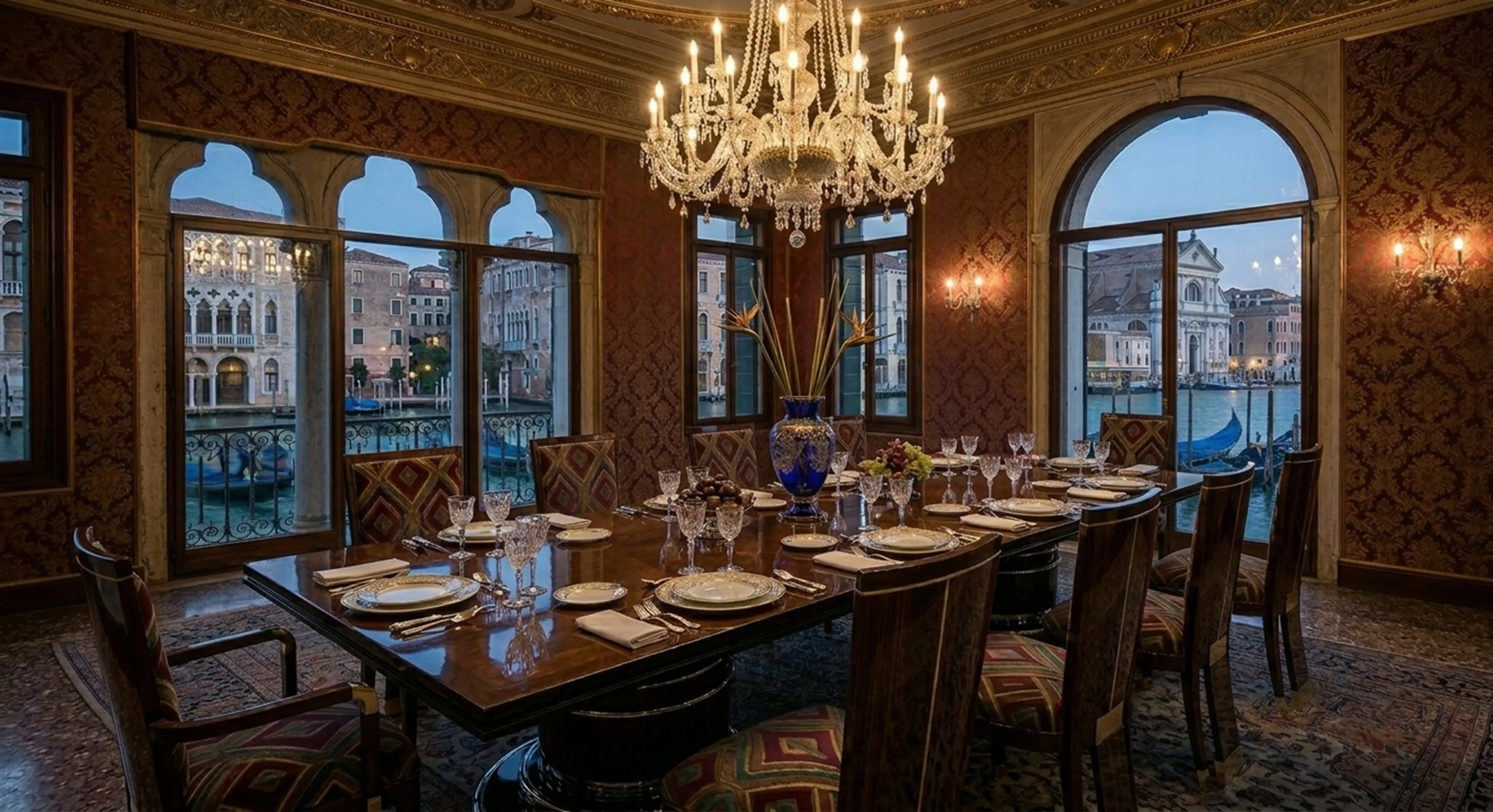 Tavolo da pranzo antico per 14 persone, ambiente elegante con vista.