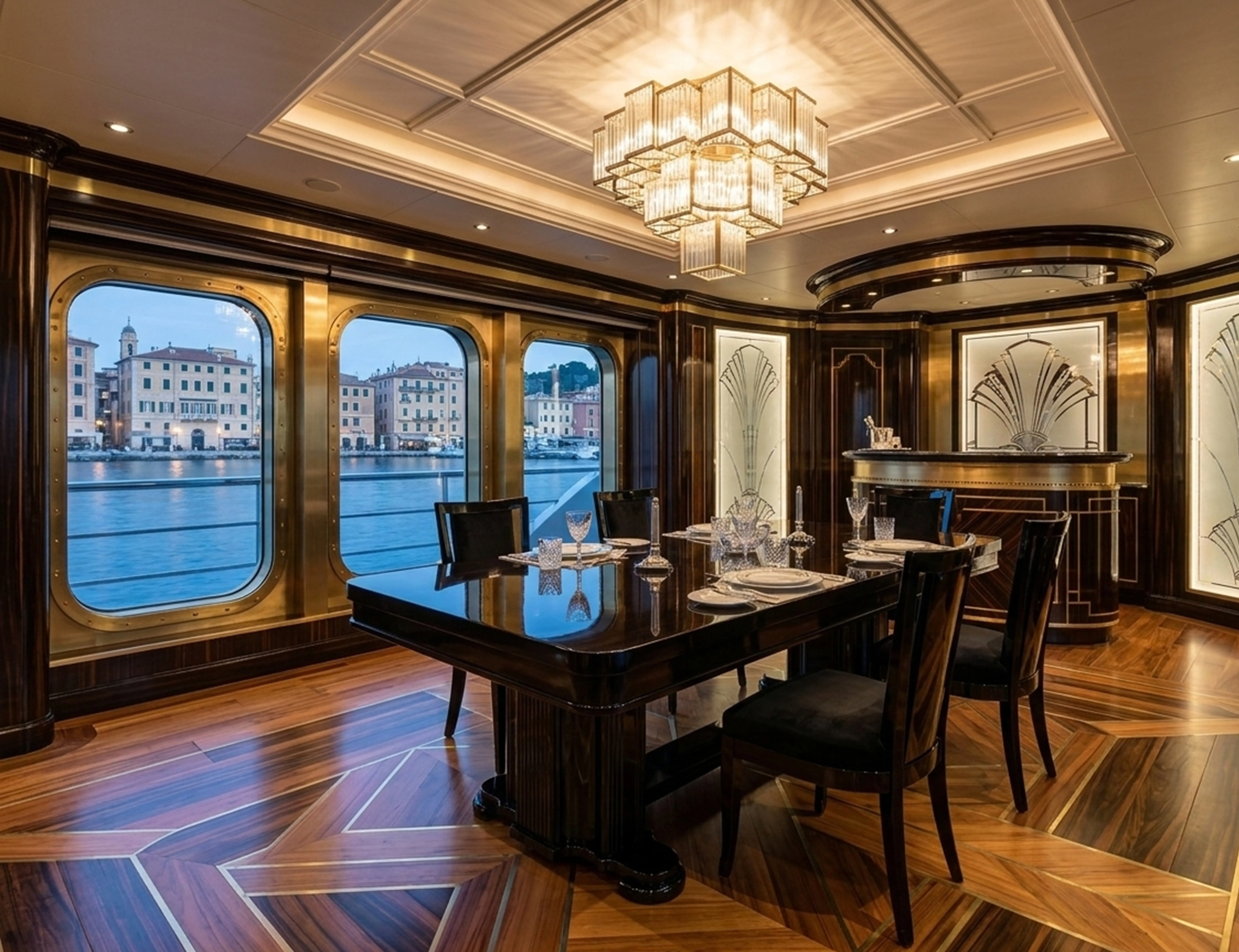 Antique dining table for 10 people in a stylish setting with sea views.