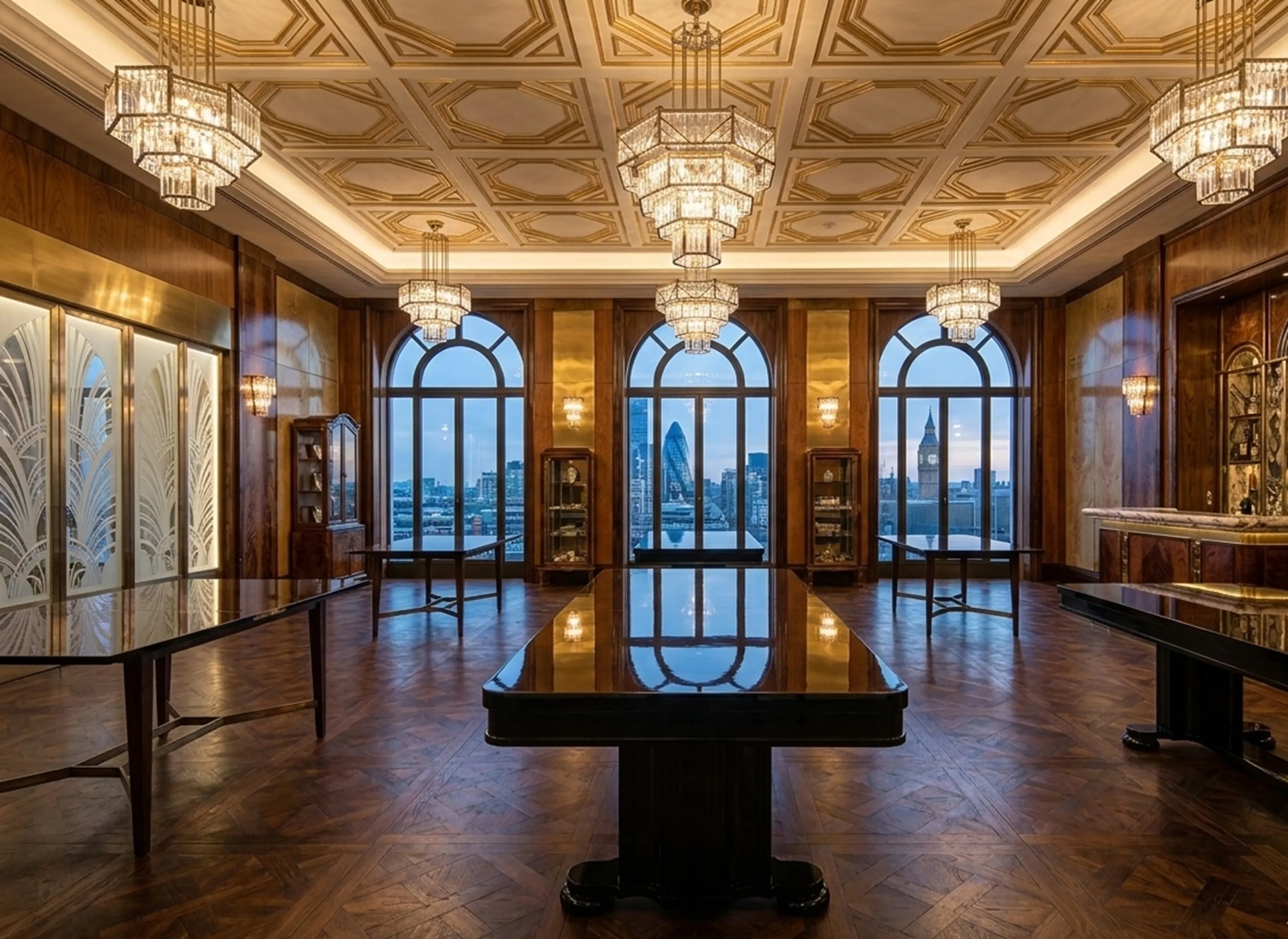 Mesa de comedor antigua para 10 personas en elegante ambiente con vista.