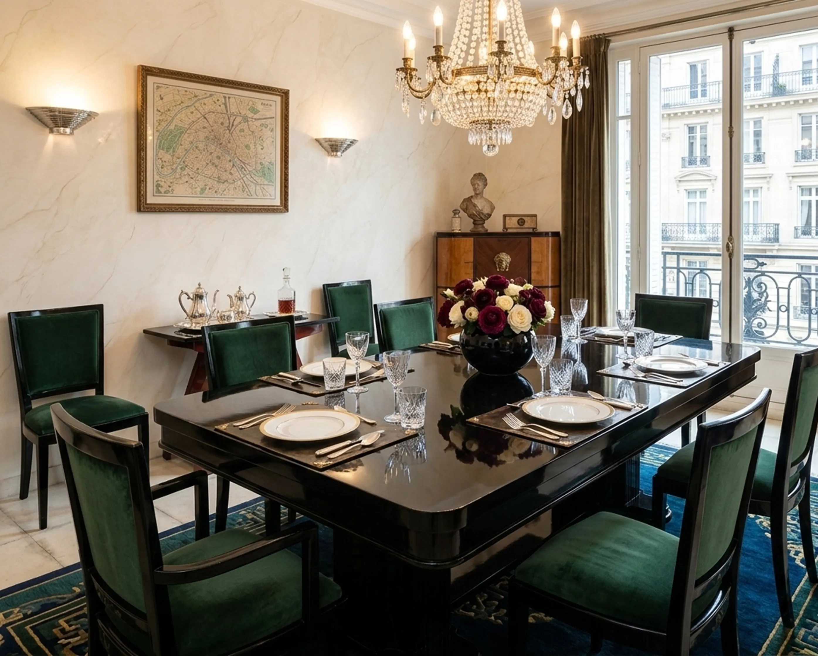 Mesa de comedor antigua elegantemente decorada con sillas verdes y vajilla brillante, rodeada de un ambiente refinado.