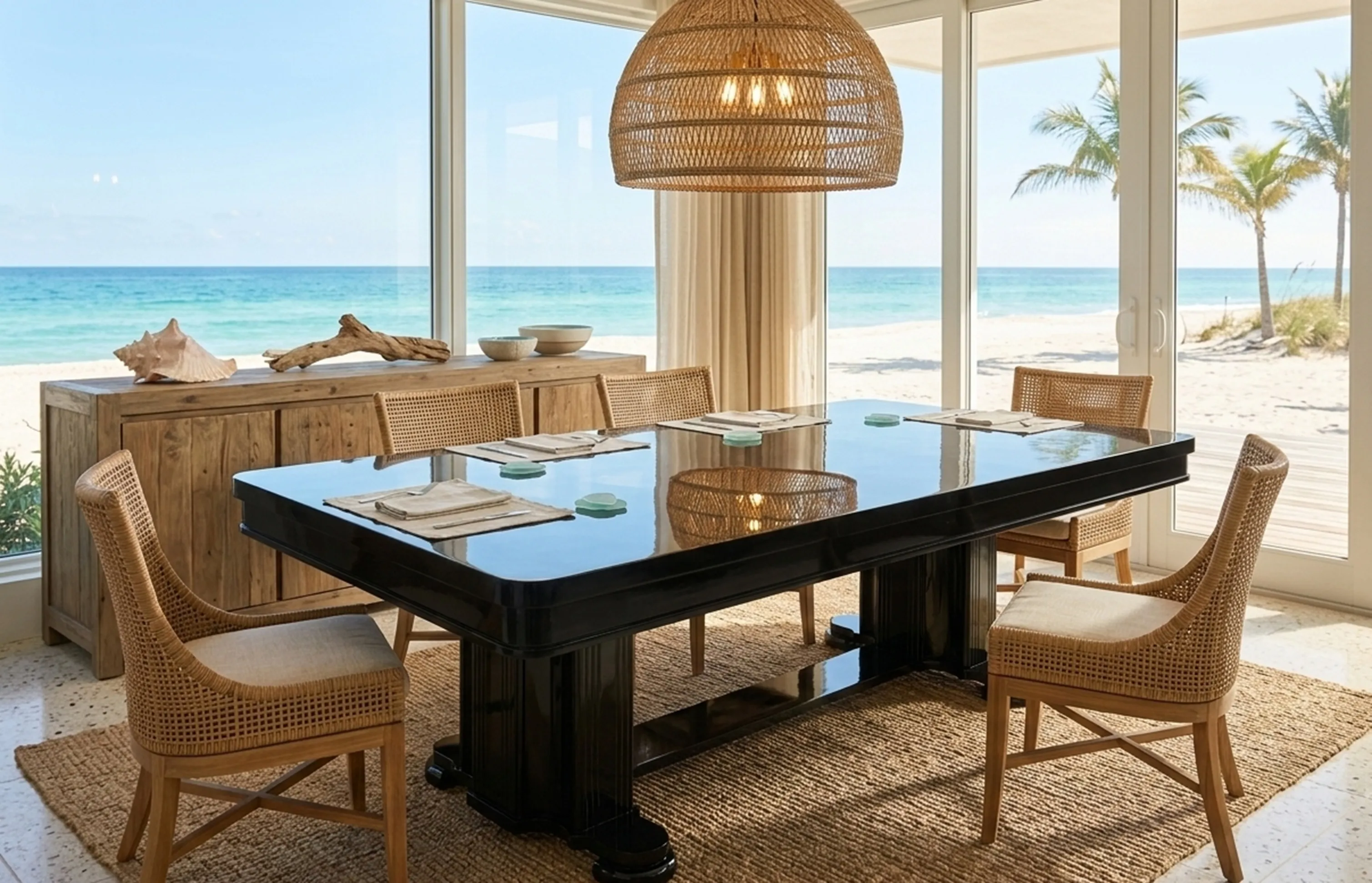 Antique dining table for ten with ocean views.